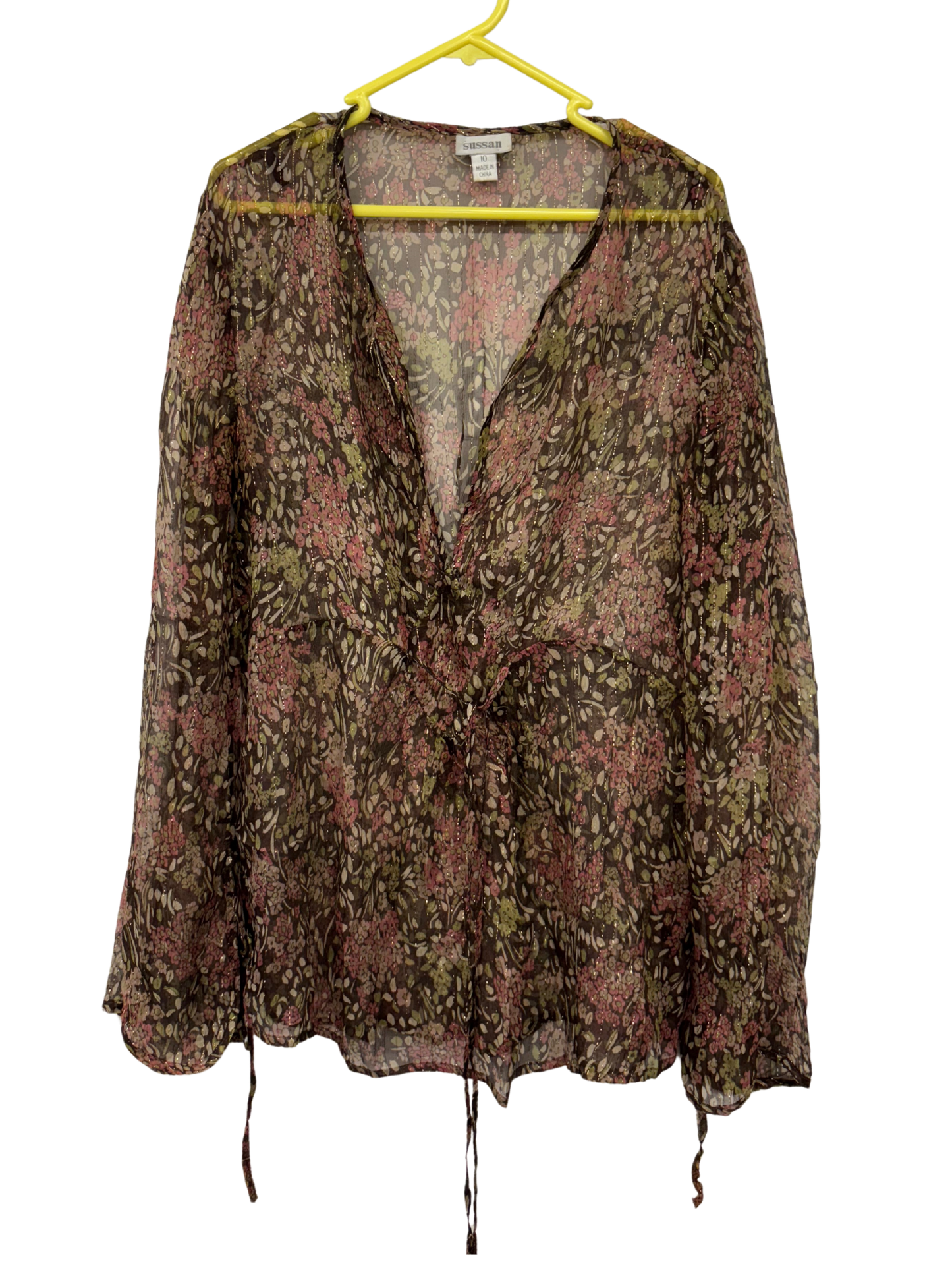 00s Brown, Pink & Green Floral Print Long Sleeve Top