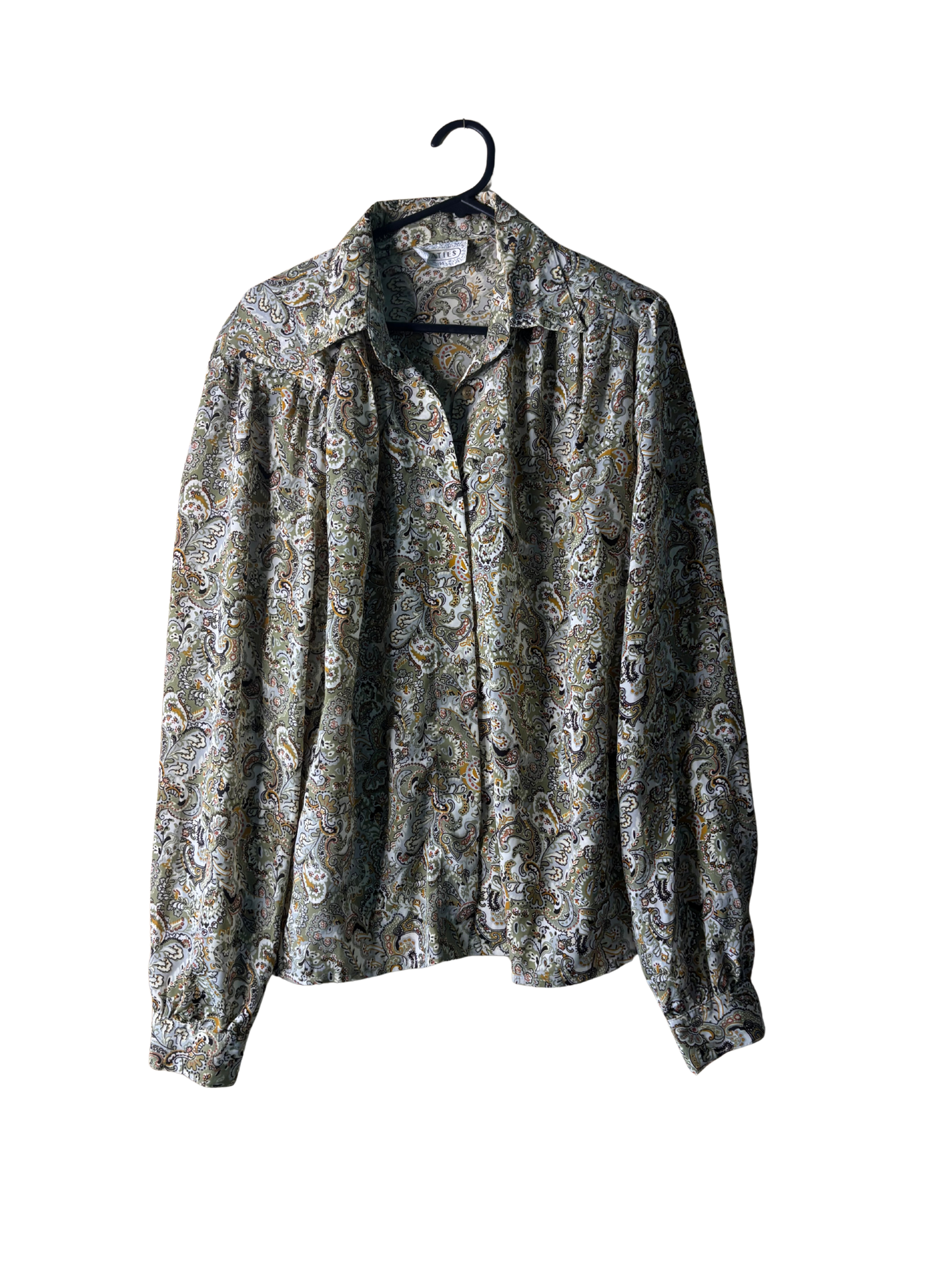 Vintage Green, White, Grey Paisley Print Long Sleeve Button Up Shirt