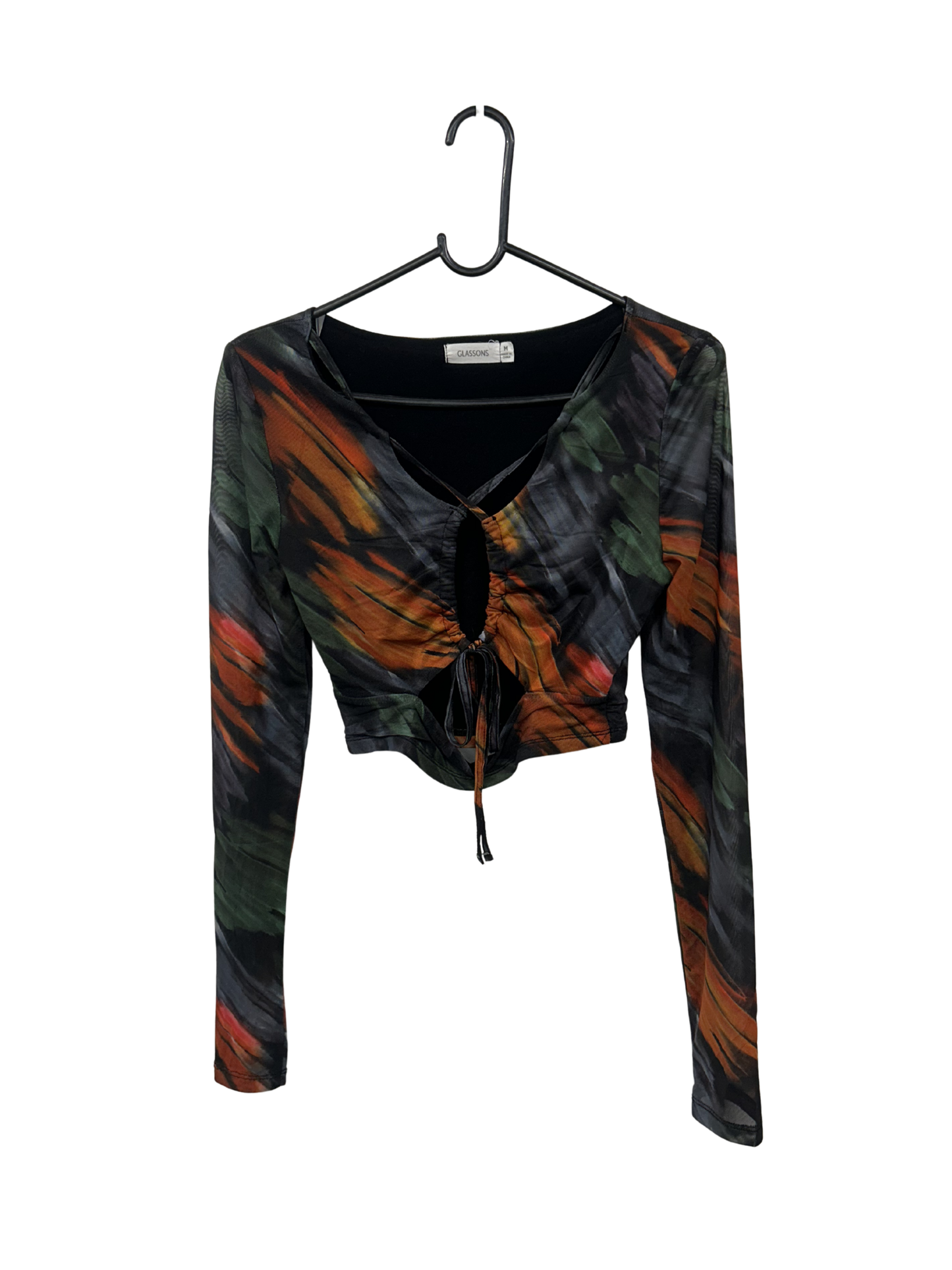 Black, Orange & Green Patterned Long Sleeve Mesh Cut Out Top