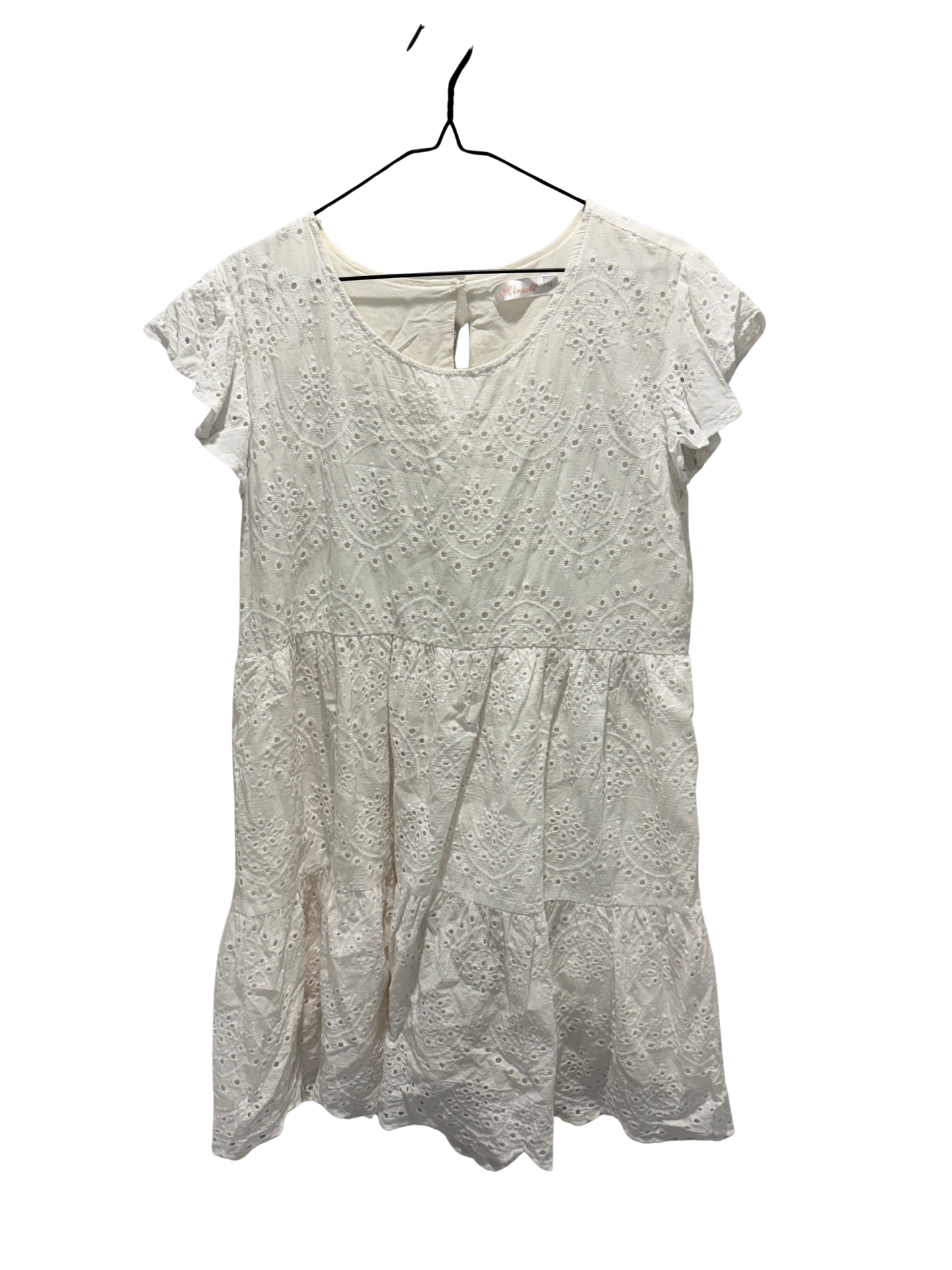 White Cap Sleeve Broderie Anglaise Short Tiered Dress