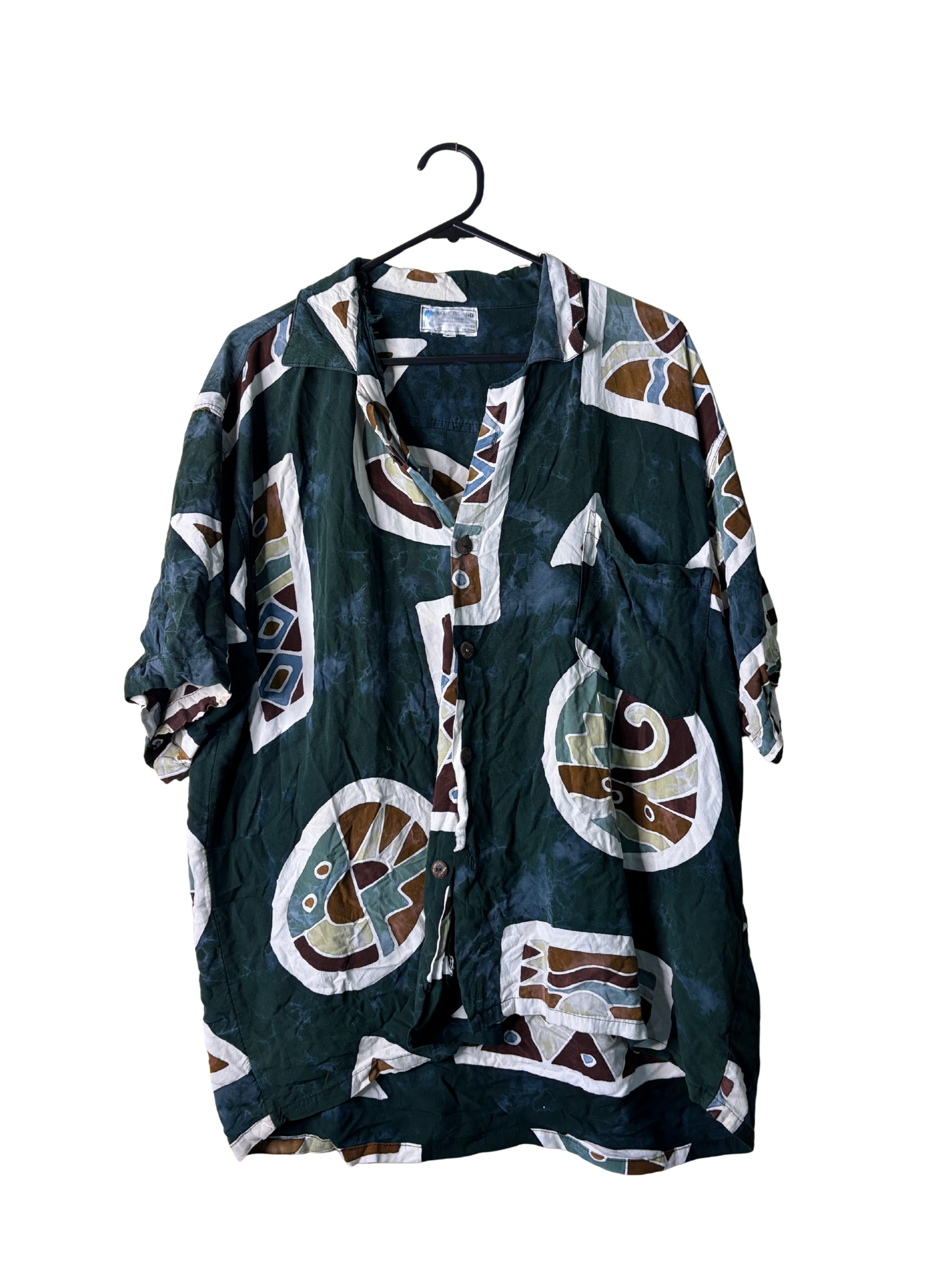 Dark Green, White, Brown Short Sleeve Button Up Shirt