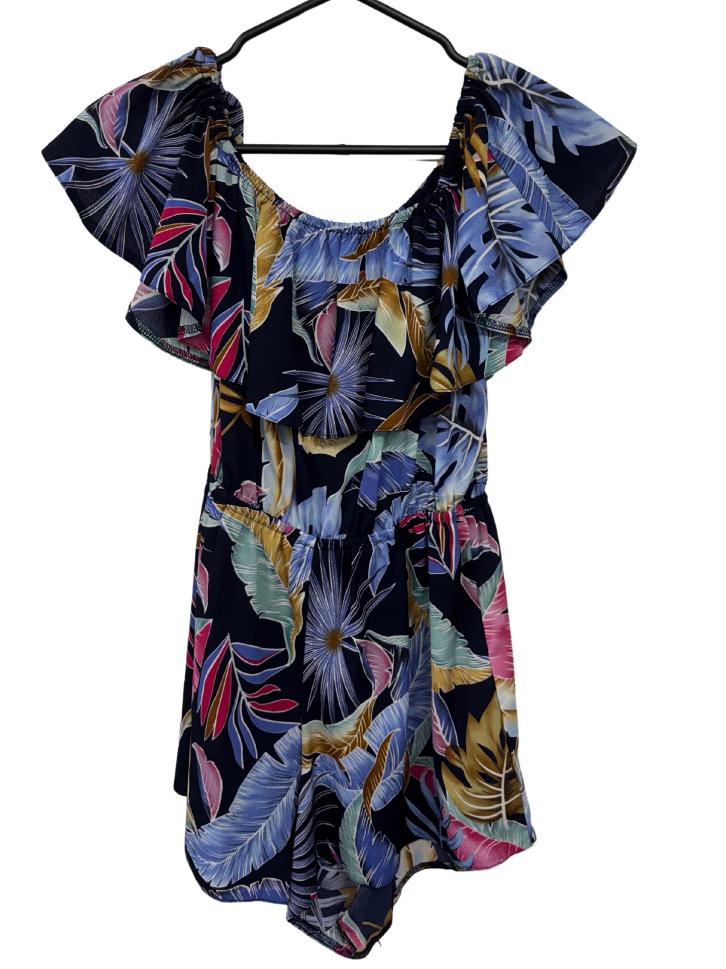 Dark Blue Short Sleeve Playsuit with Multicolour Tropical Print