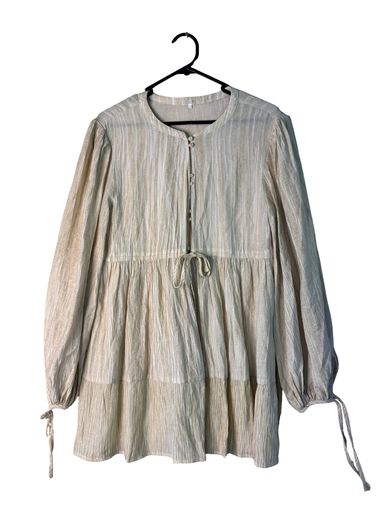 Light Yellow + White Long Sleeve Button Up Tiered Oversized Short Dress