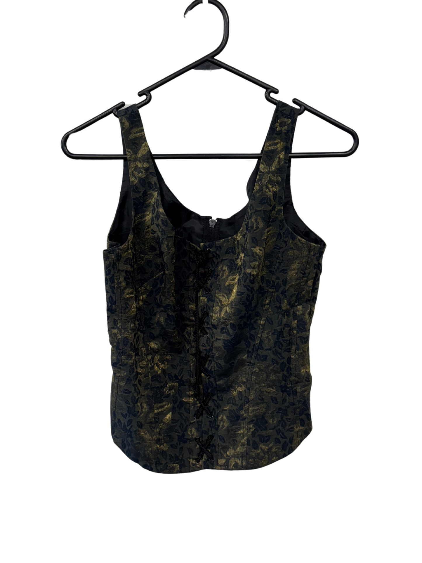 Vintage Gold & Dark Green Leaf Print Sleeveless Corset Top