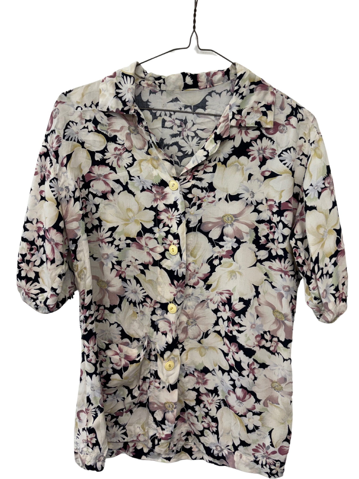 Yellow, Pink & Black Floral Print Short Sleeve Button Up Shirt