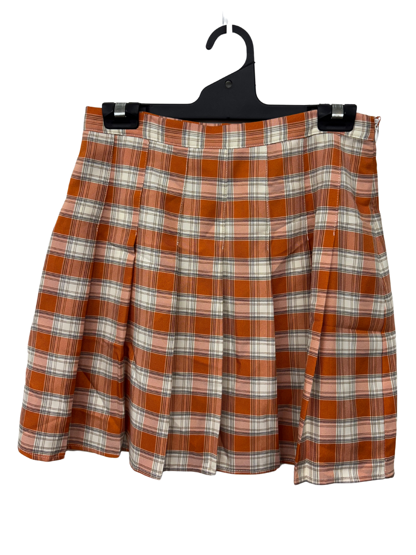 Orange & White Pleated Plaid Print High Waisted Short Skirt