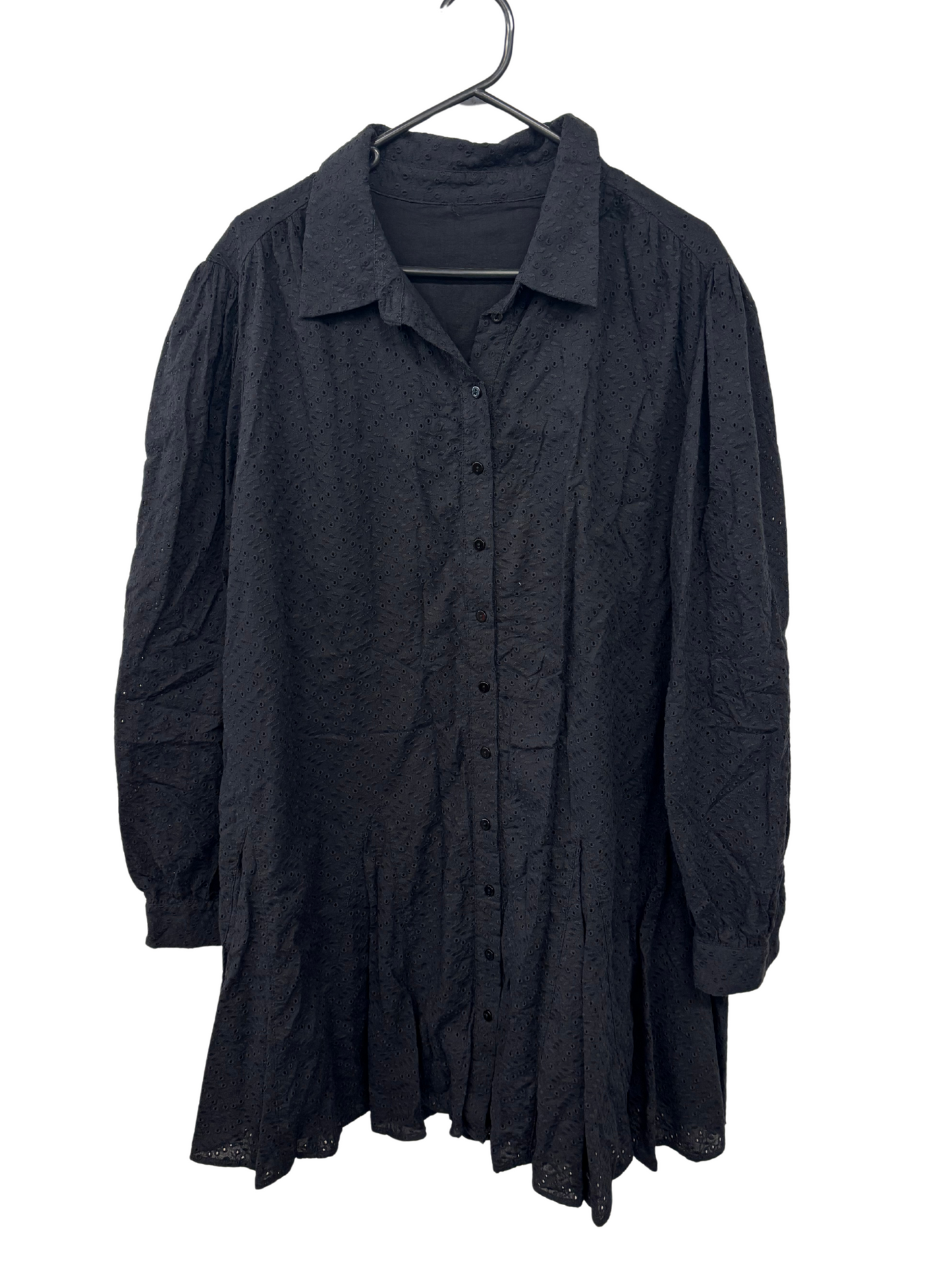Black Anglaise Brocade Long Sleeve Button Up Short Dress
