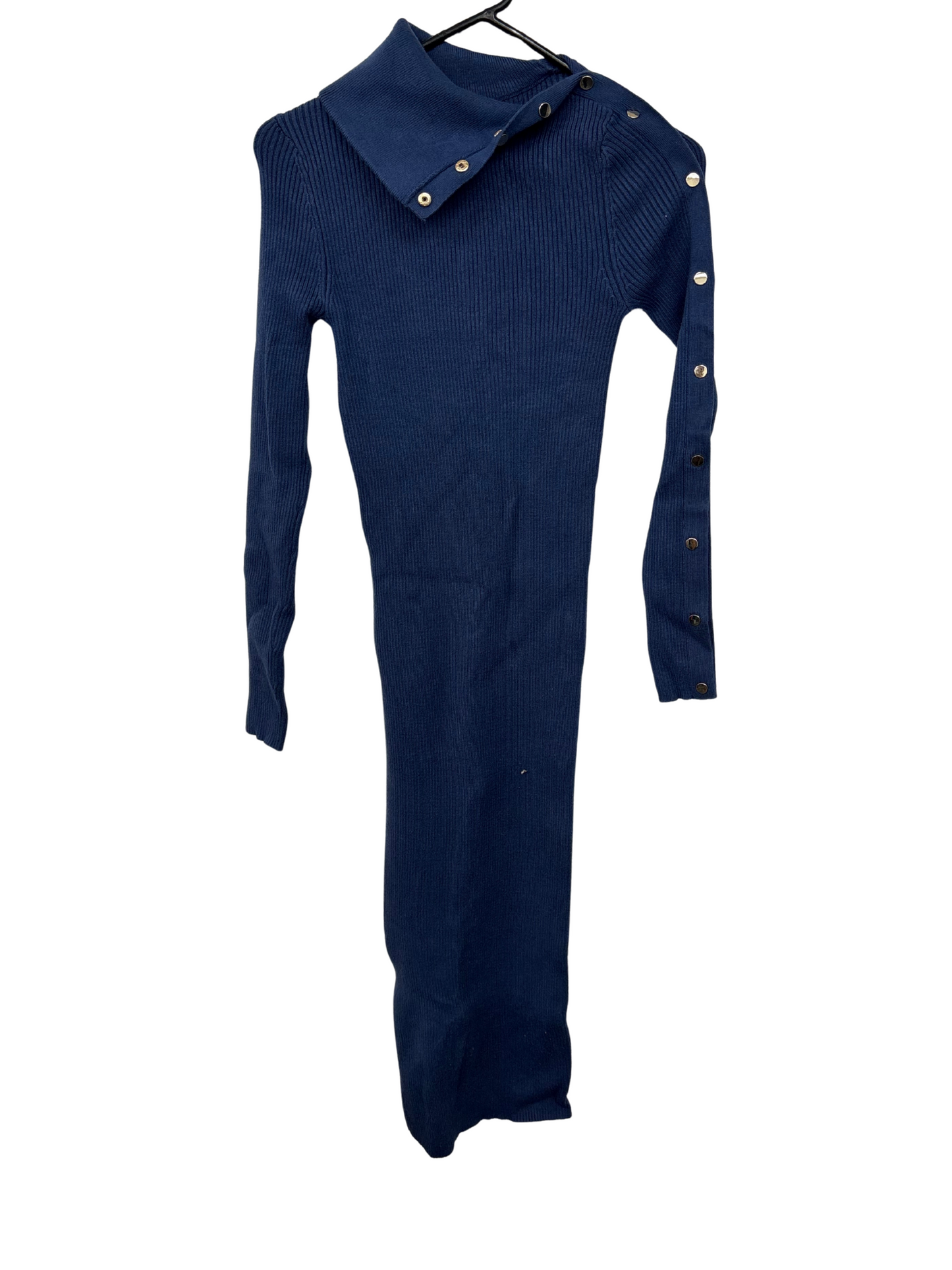 Dark Blue Rib Knit Snap Button Sleeve Maxi Dress
