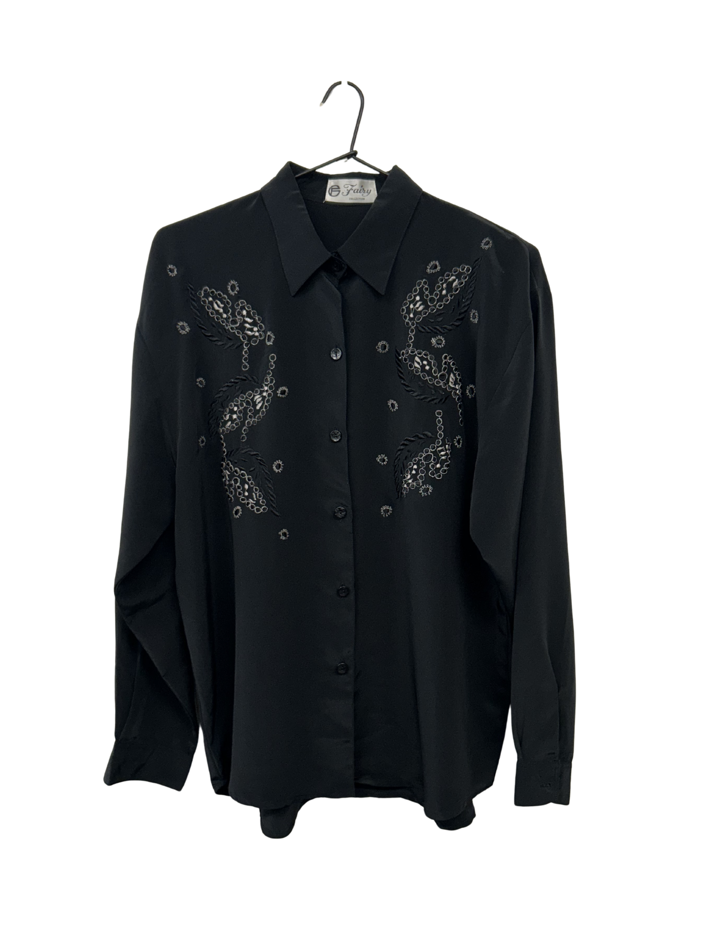 Vintage Long Sleeve Button Up Shirt with Silver & Black Embroidery