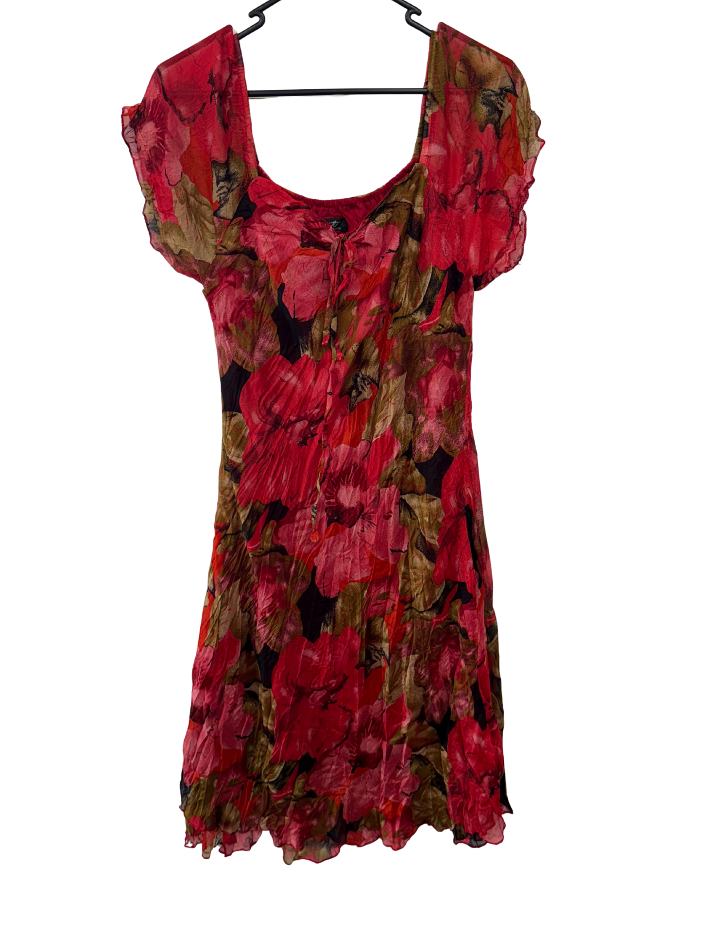 Vintage Red, Black, Green Floral Print Short Sleeve Midi Dress