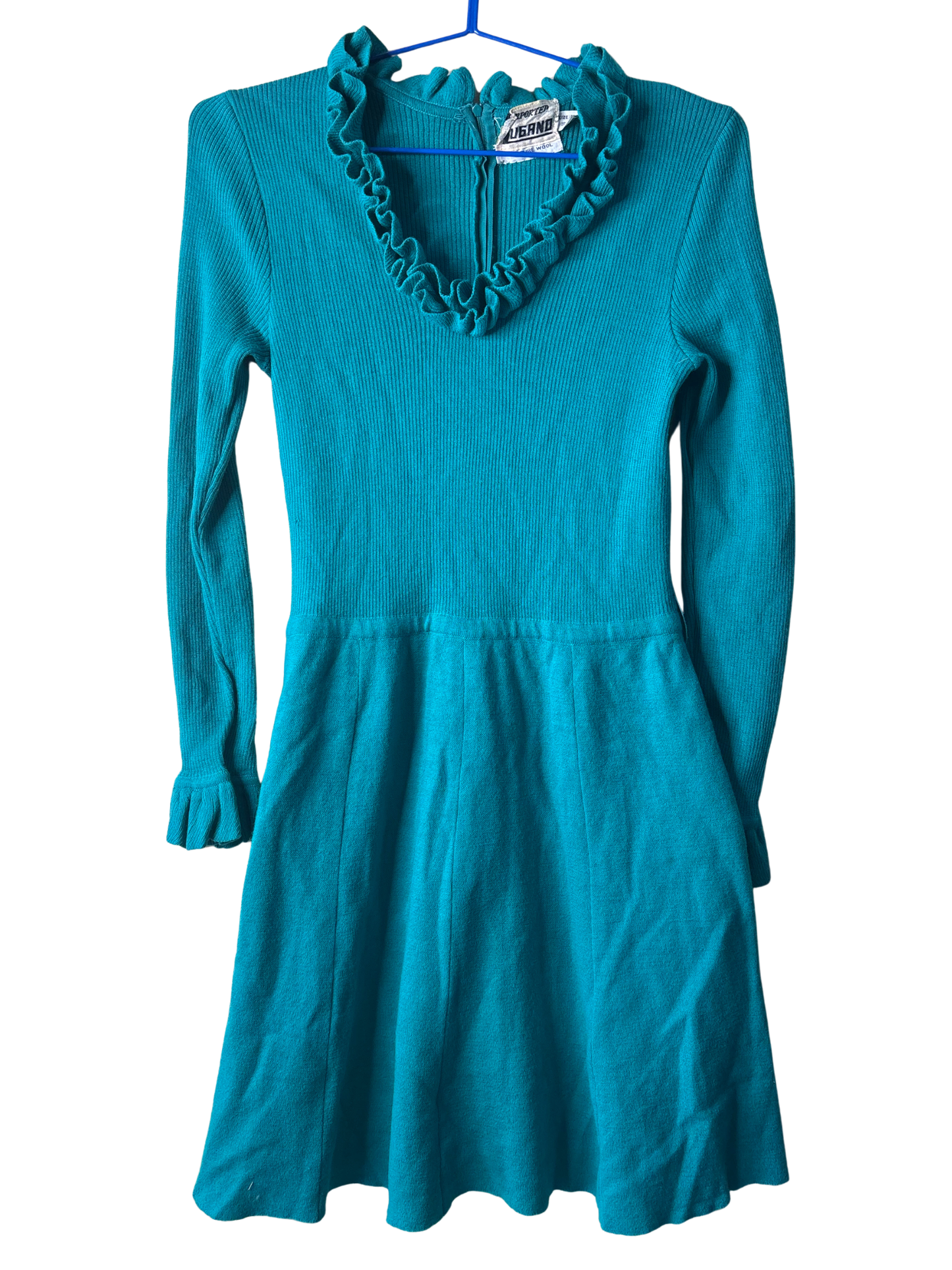 60s/70s Forest Green Long Sleeve Knit Dress with Ruffles