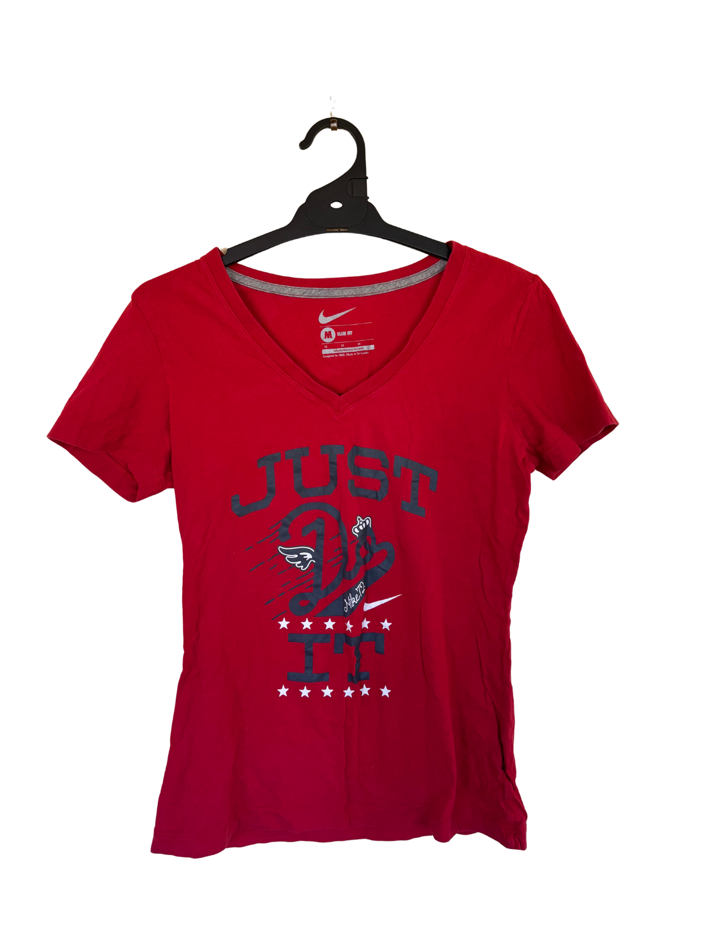 Red Short Sleeve V Neck Slim Fit Top with Grey Logo