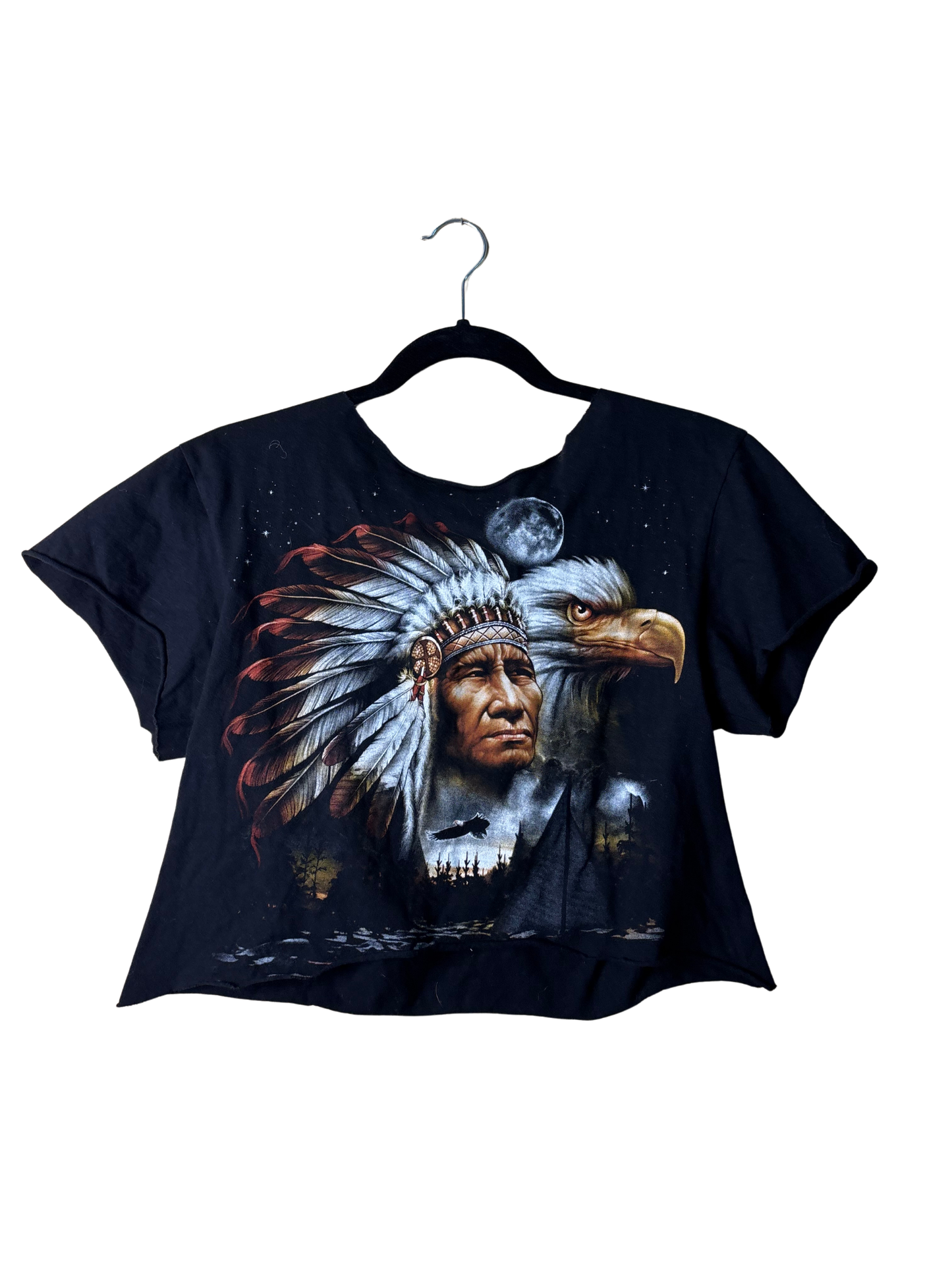 Vintage Raw Hem Crop T Shirt with Native American Logo