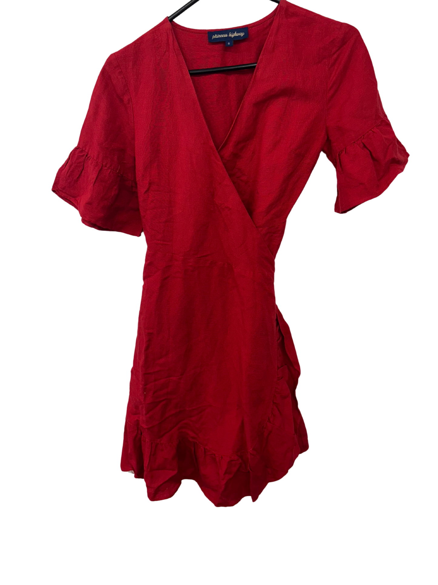 Red Short Ruffle Sleeve Wrap Dress