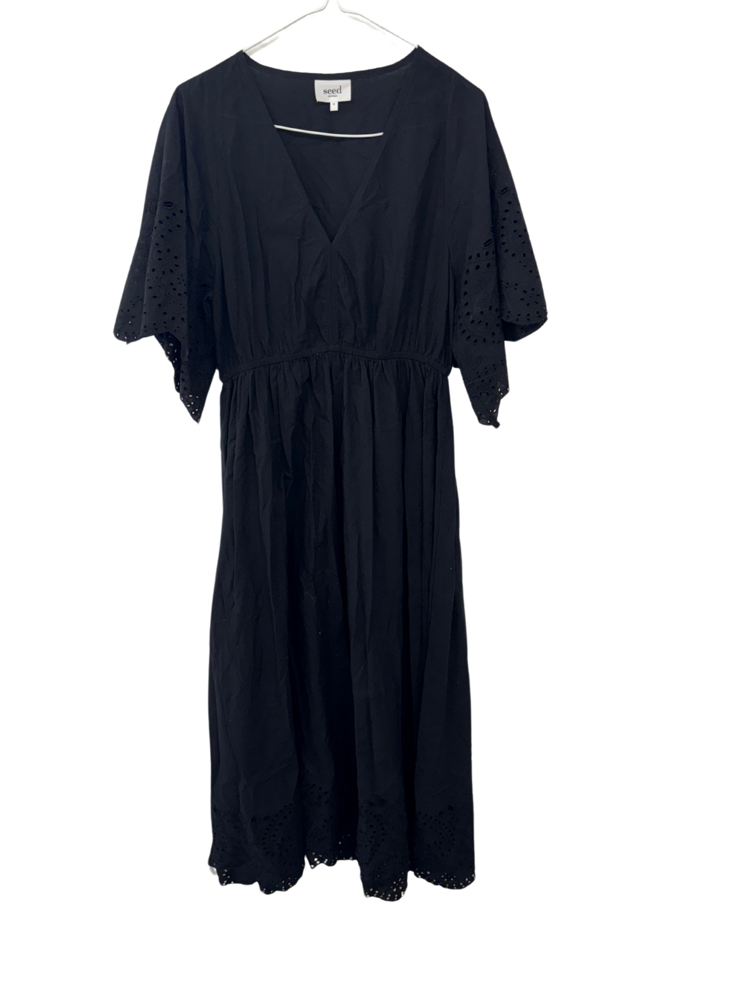 Black Short Sleeve Broderie Anglaise Long Midi Dress