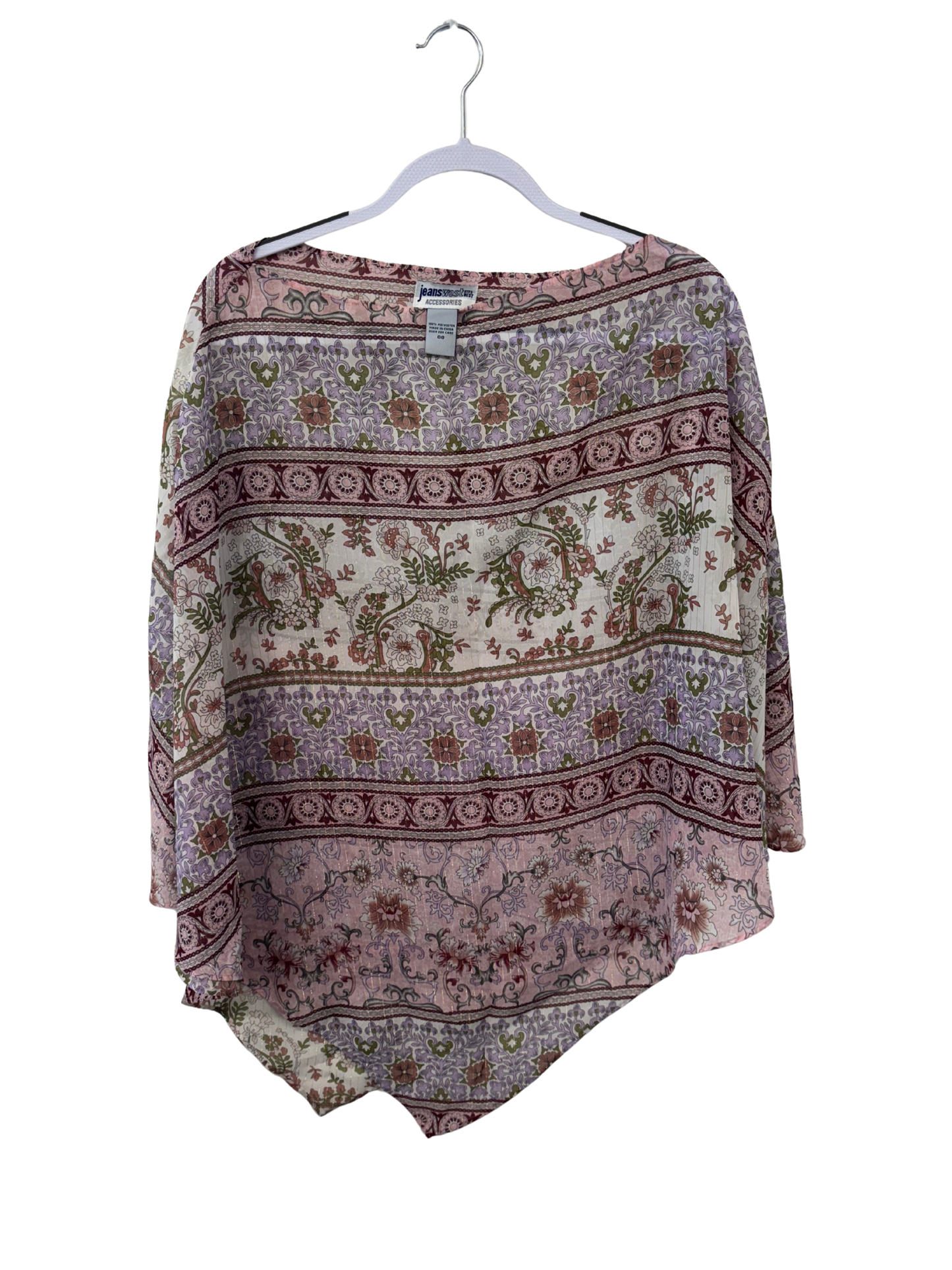 00s Pink, Purple, White Floral Print Sheer Poncho Top