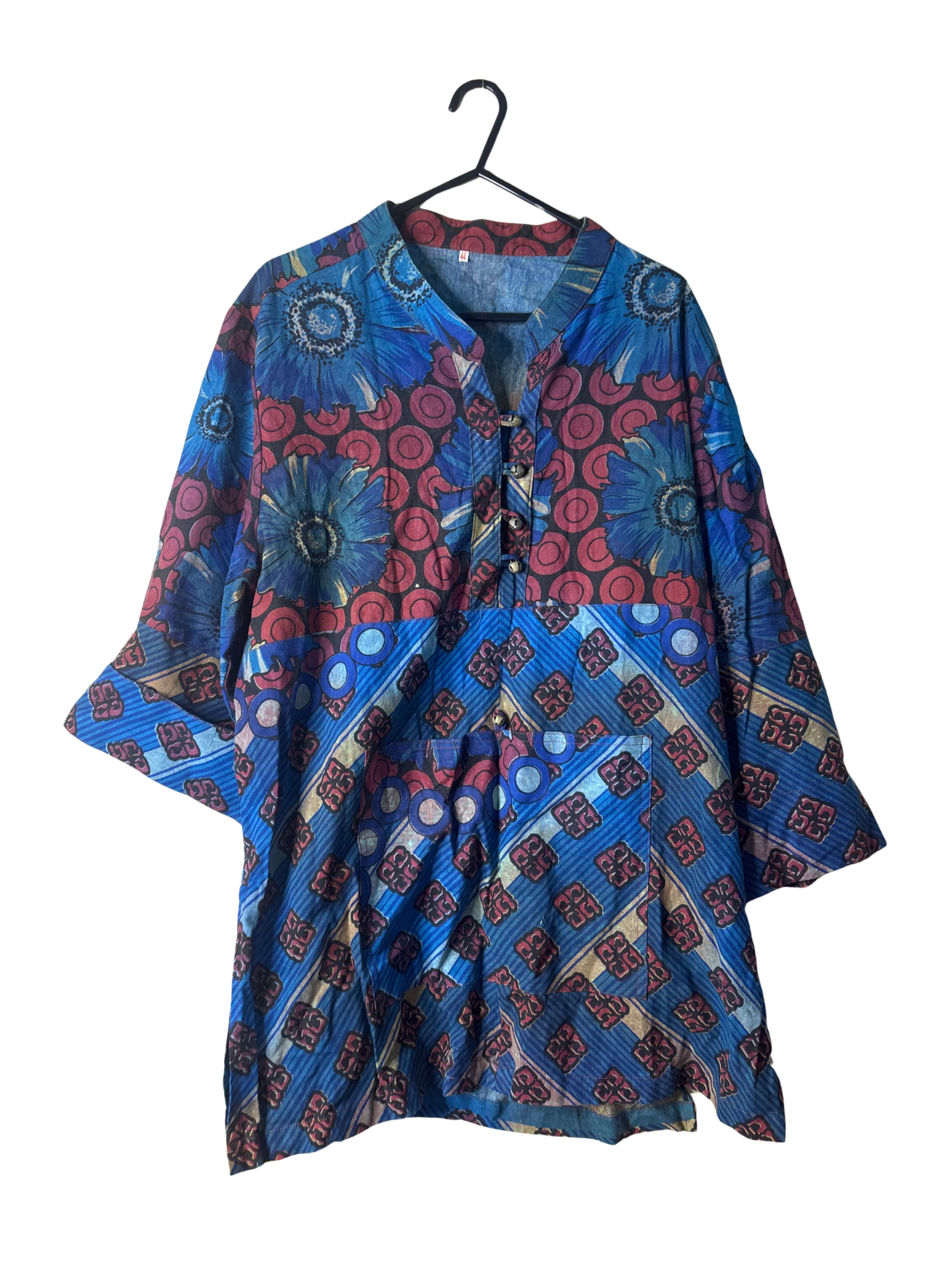 Blue & Red Long Sleeve Top with Floral Pattern and Bell Buttons