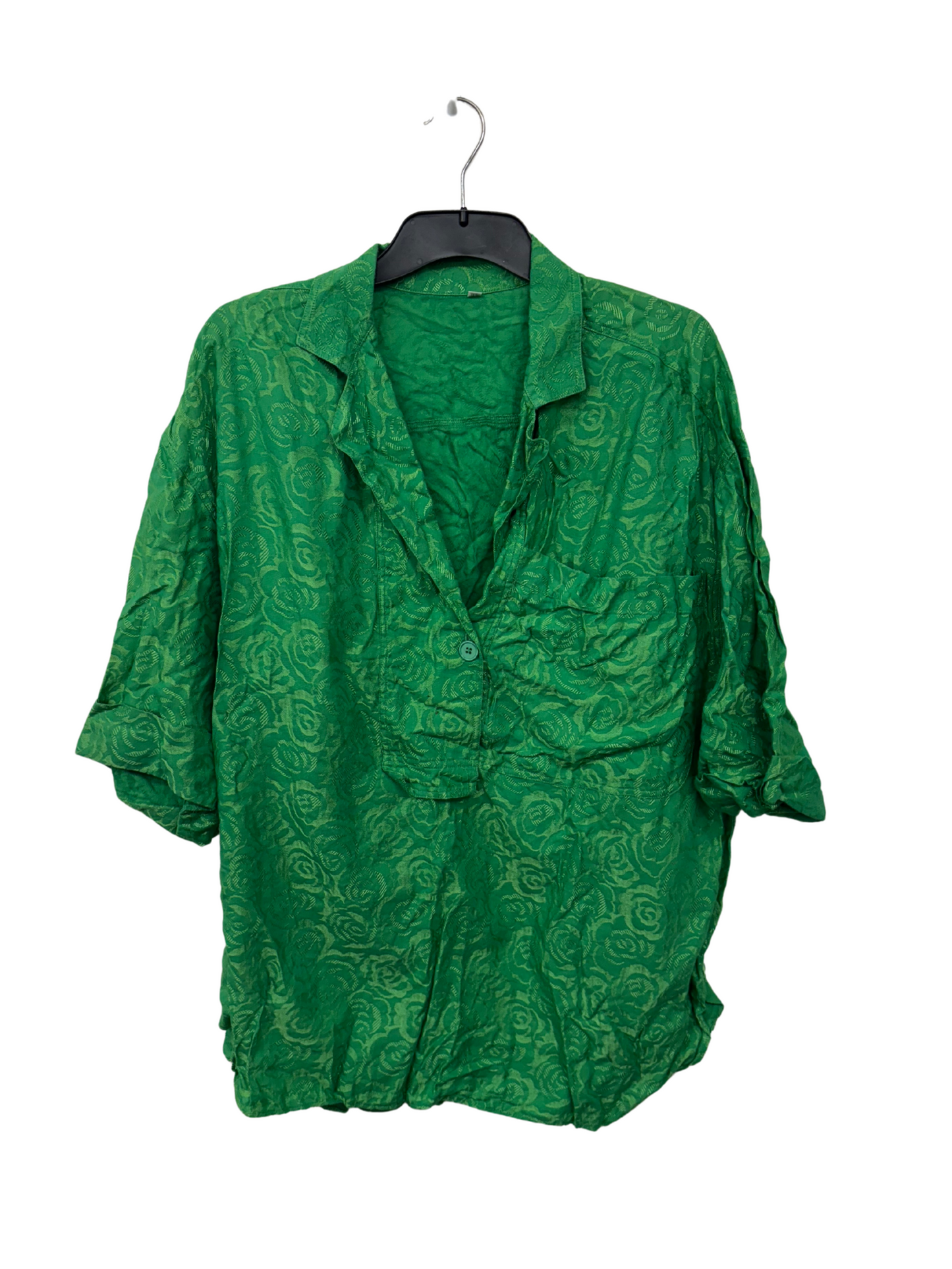 Vintage Green Top with Rose Print & Quarter Button