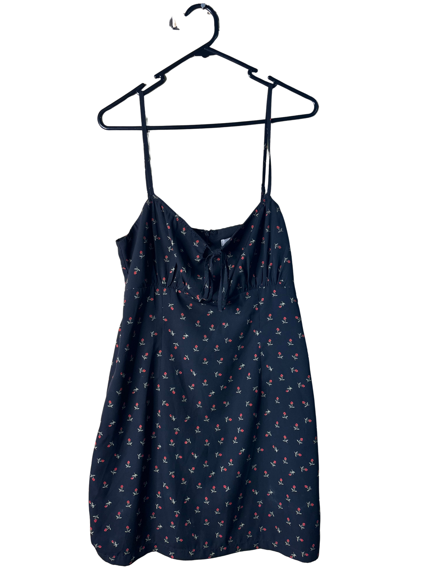 Black Strappy Short Dress with Red & Green Rose Print