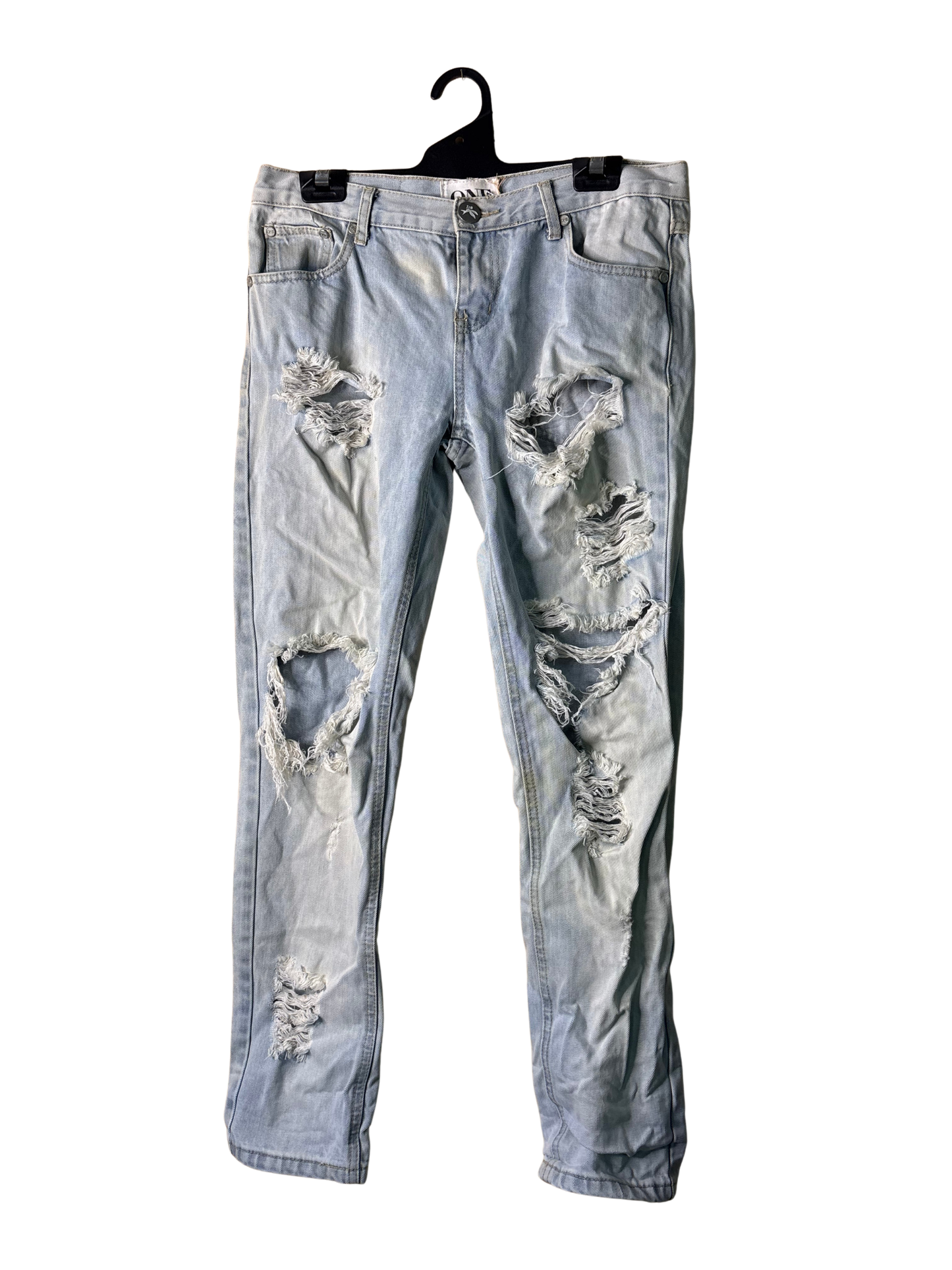00s Light Blue Ripped Low-Rise Tapered Dirt Wash Jeans