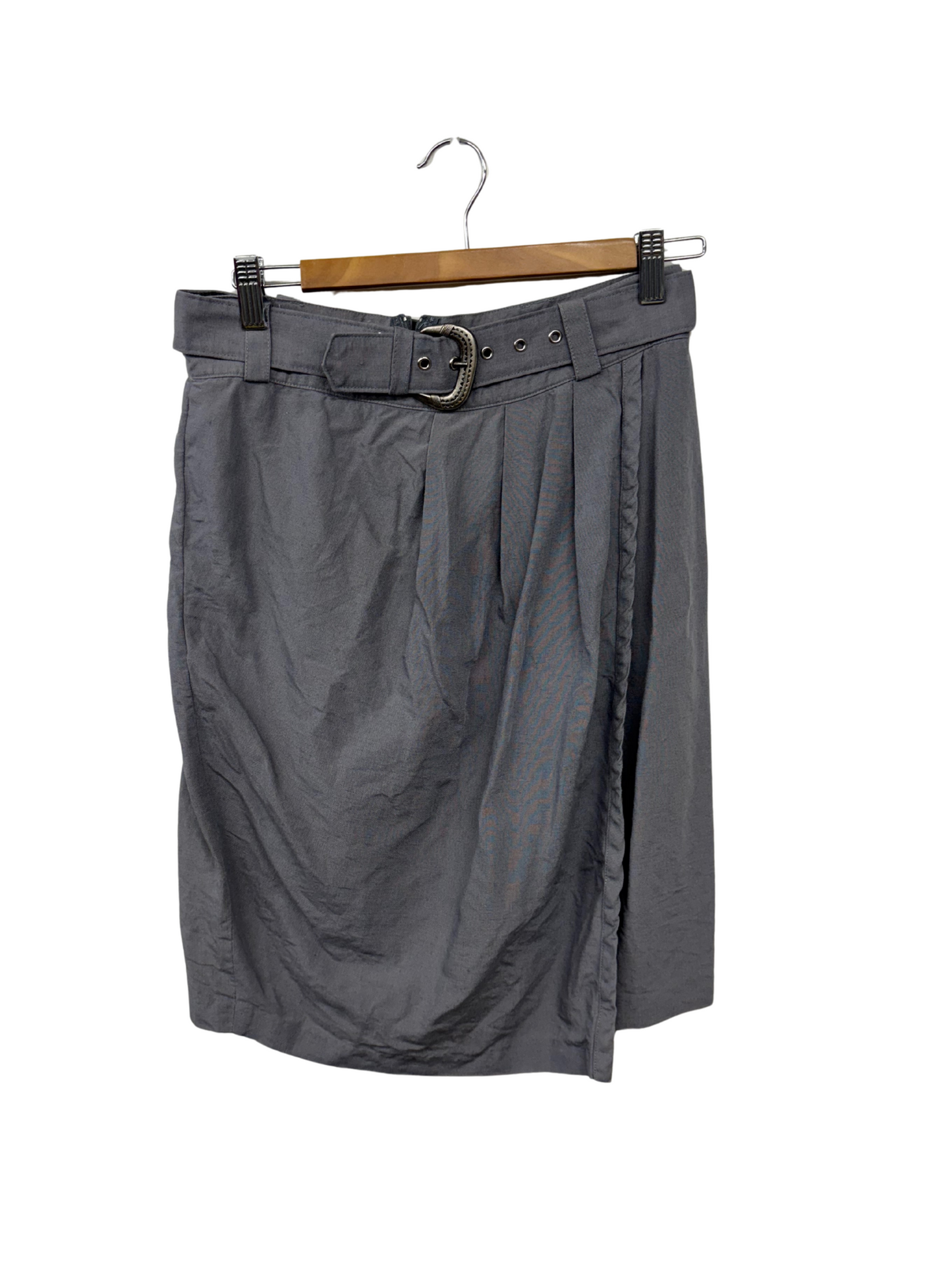Vintage Grey Knee Length Pleated Faux Wrap Skirt with Belt