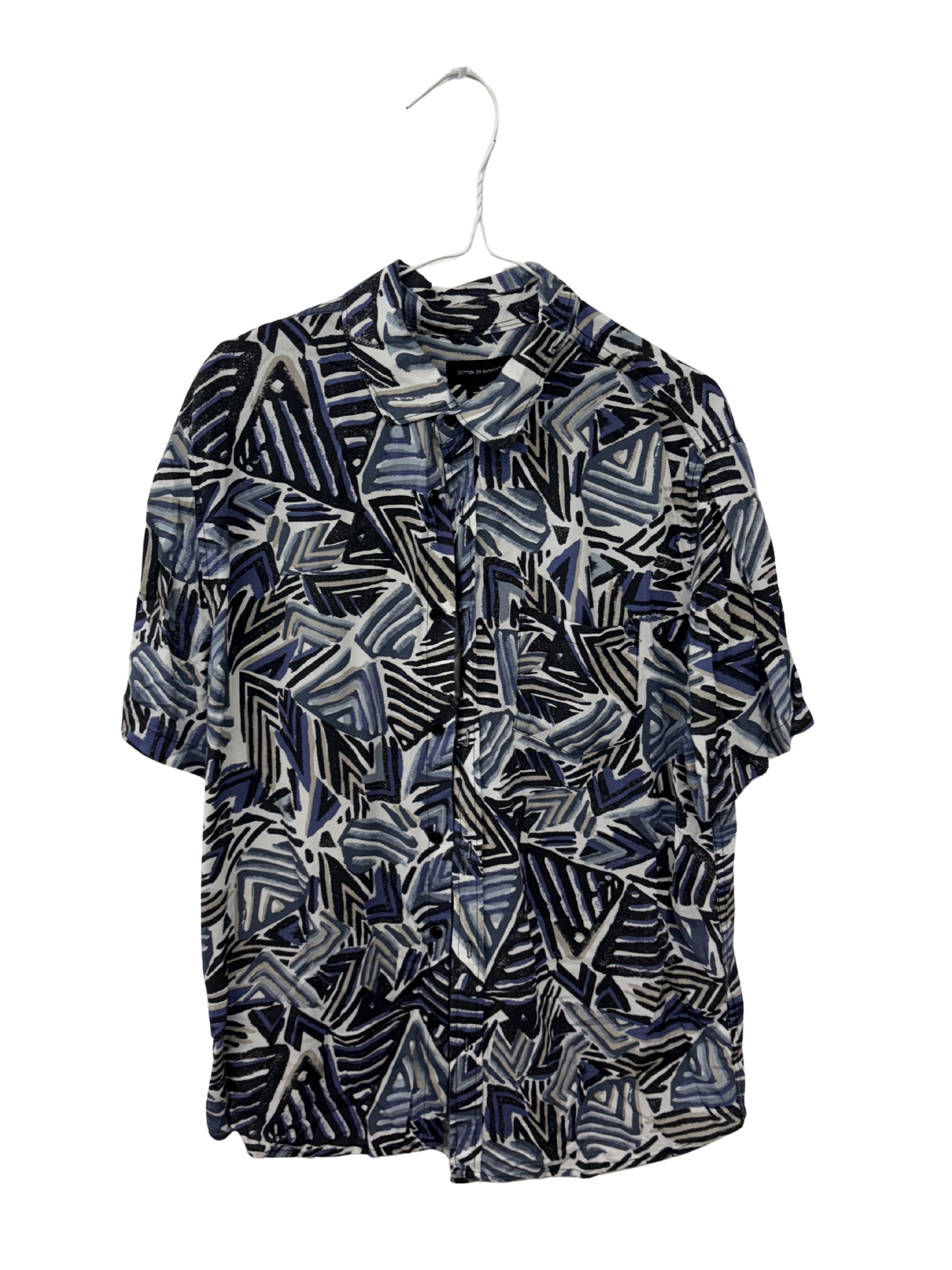 Blue, Cream, Black Print Short Sleeve Button Up Shirt