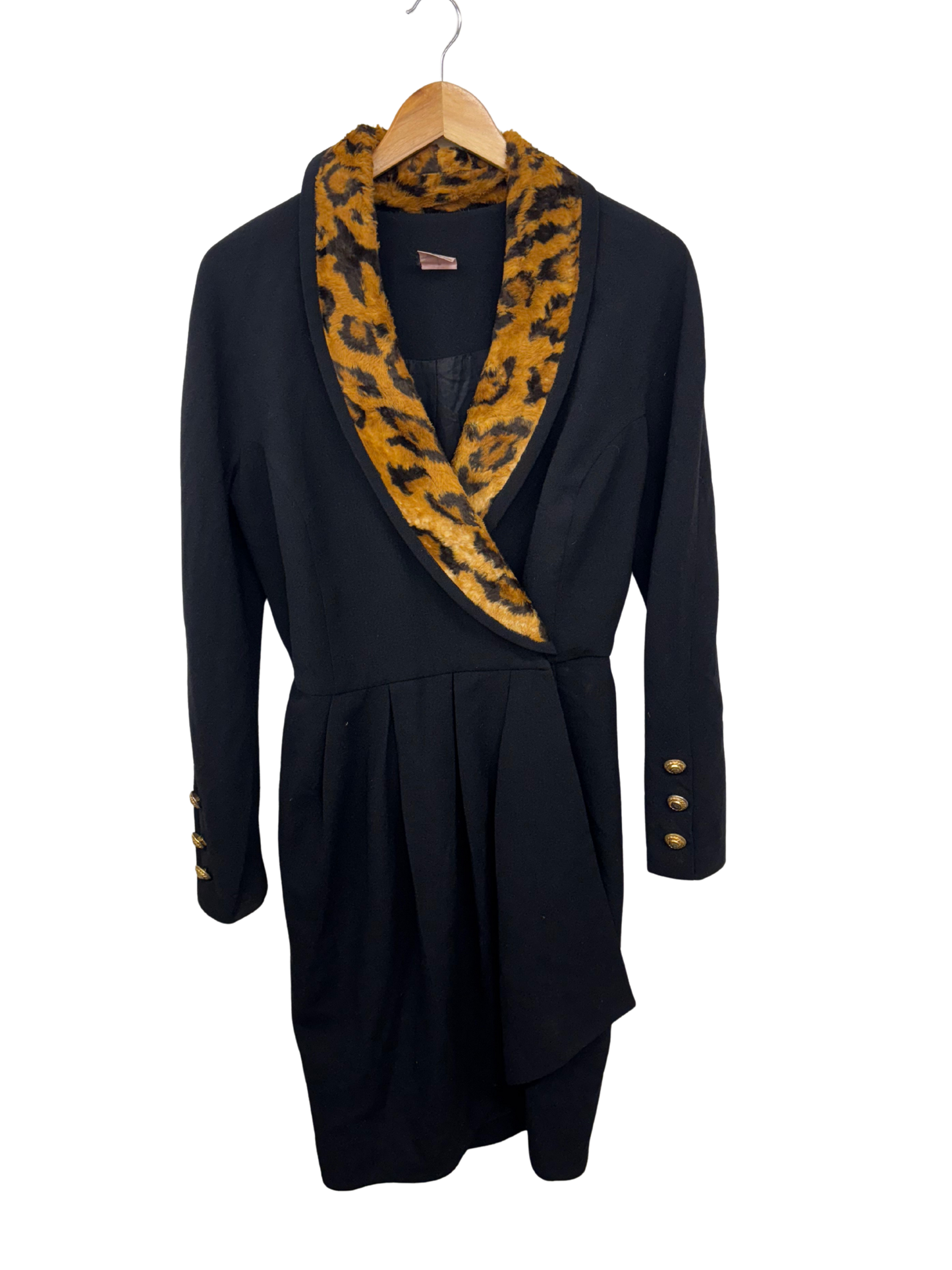 Vintage Black Midi Coat with Animal Print Collar