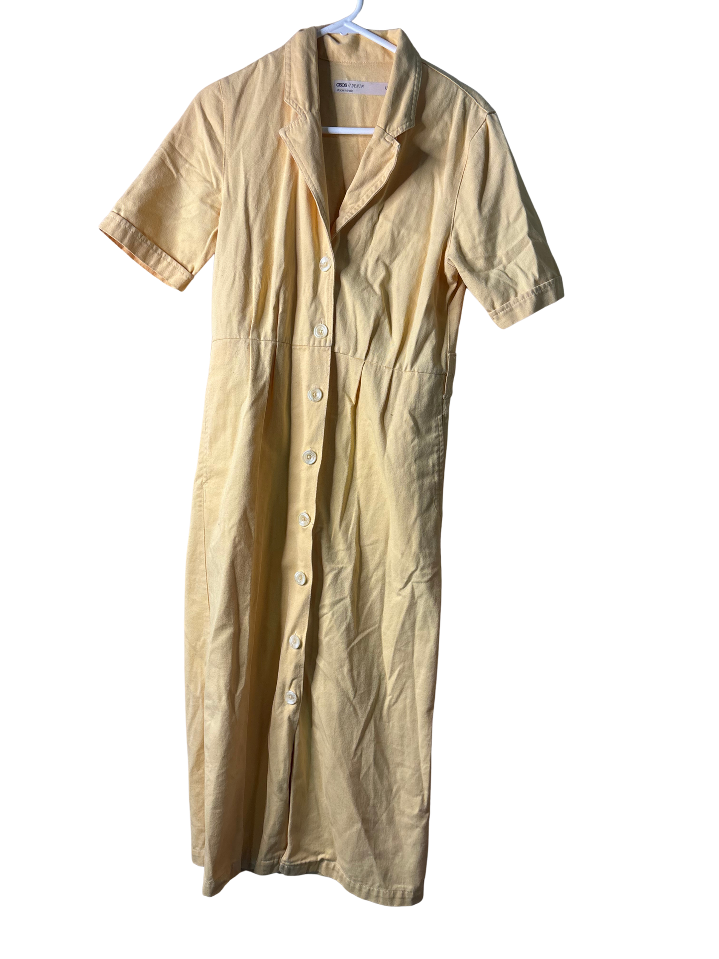 Yellow Short Sleeve Button Up Fitted Midi Denim Dress