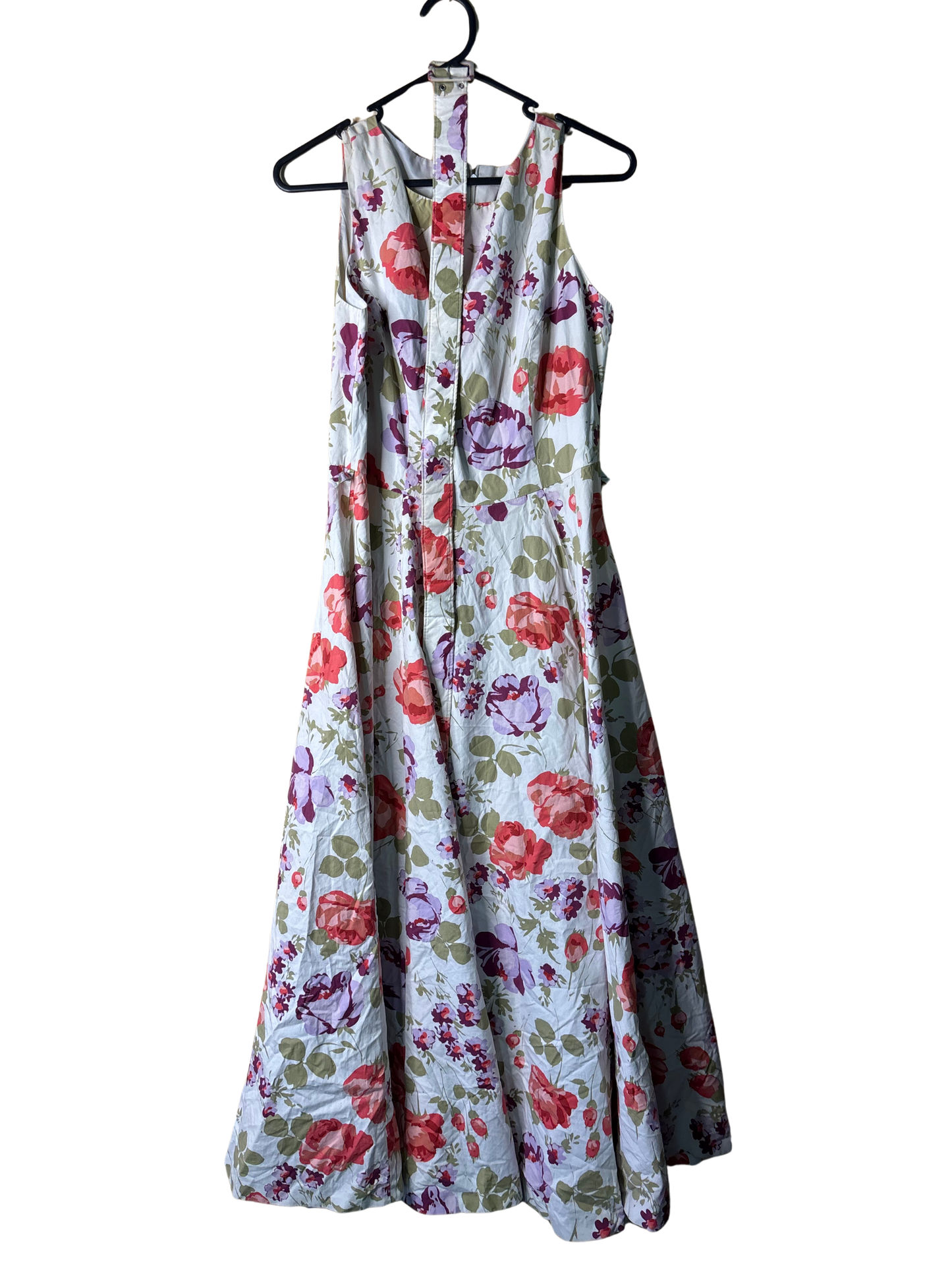 Vintage White, Pink, Green Floral Print Sleeveless Maxi A-Line Dress