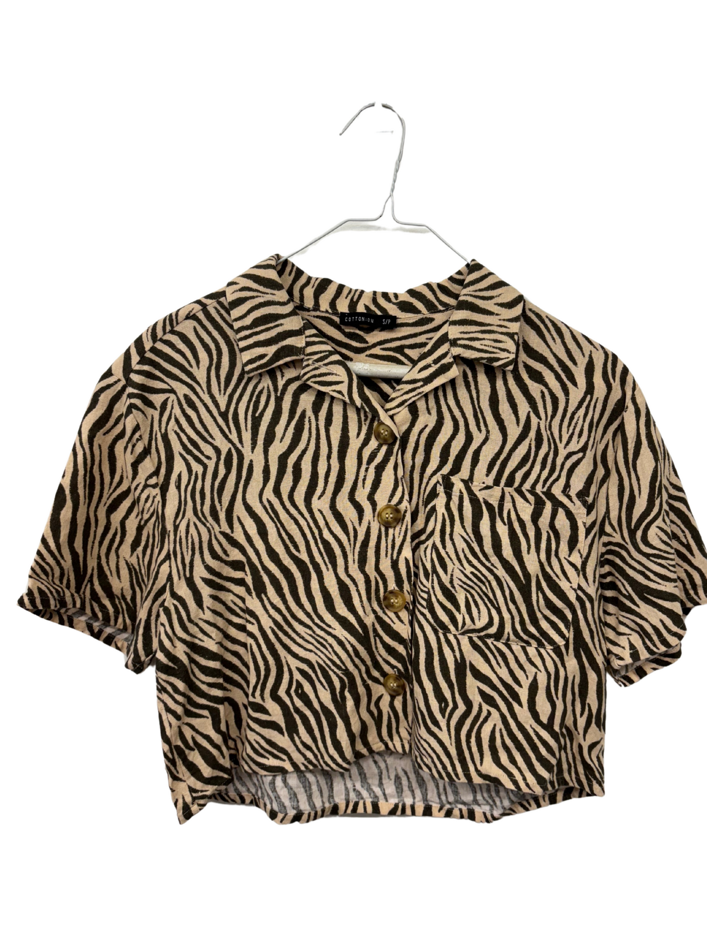 Cream & Dark Green Zebra Stripe Short Sleeve Button Up Crop Top