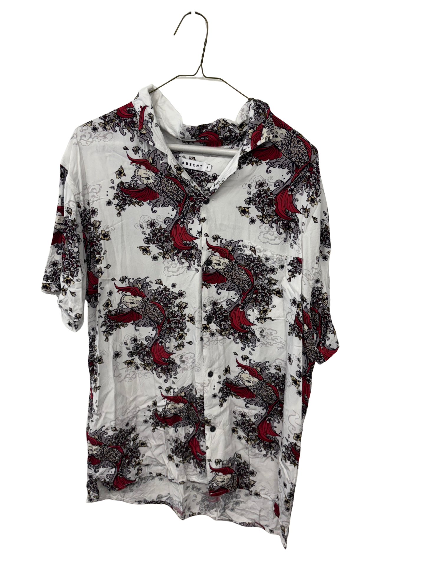 White, Black, Red Carp Pattern Short Sleeve Button Up Shirt