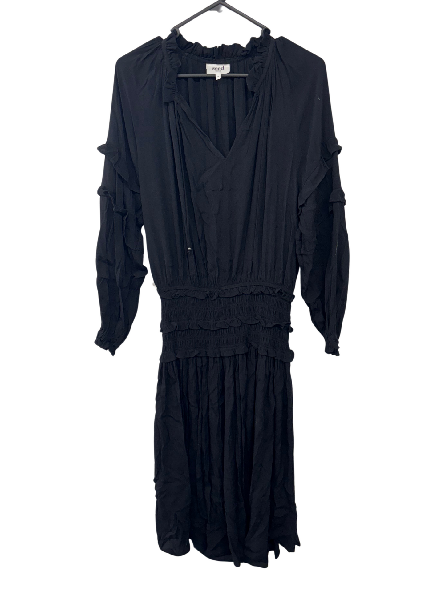 Black Long Sleeve Midi Dress with Ruched Waist