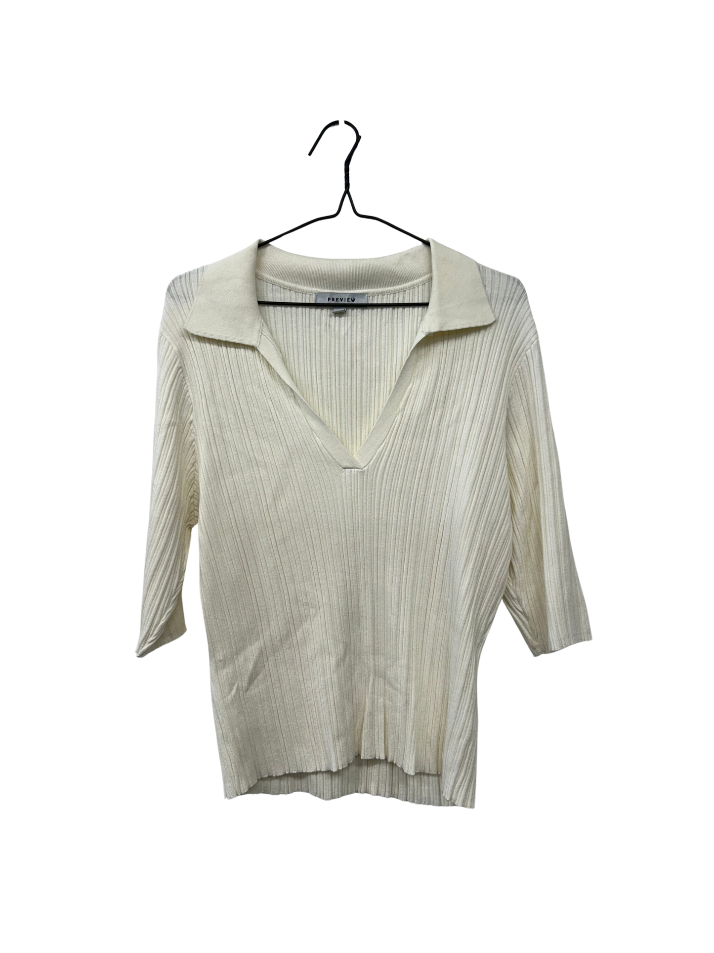 Cream Half Sleeve Ribbed Collared V-Neck Blouse