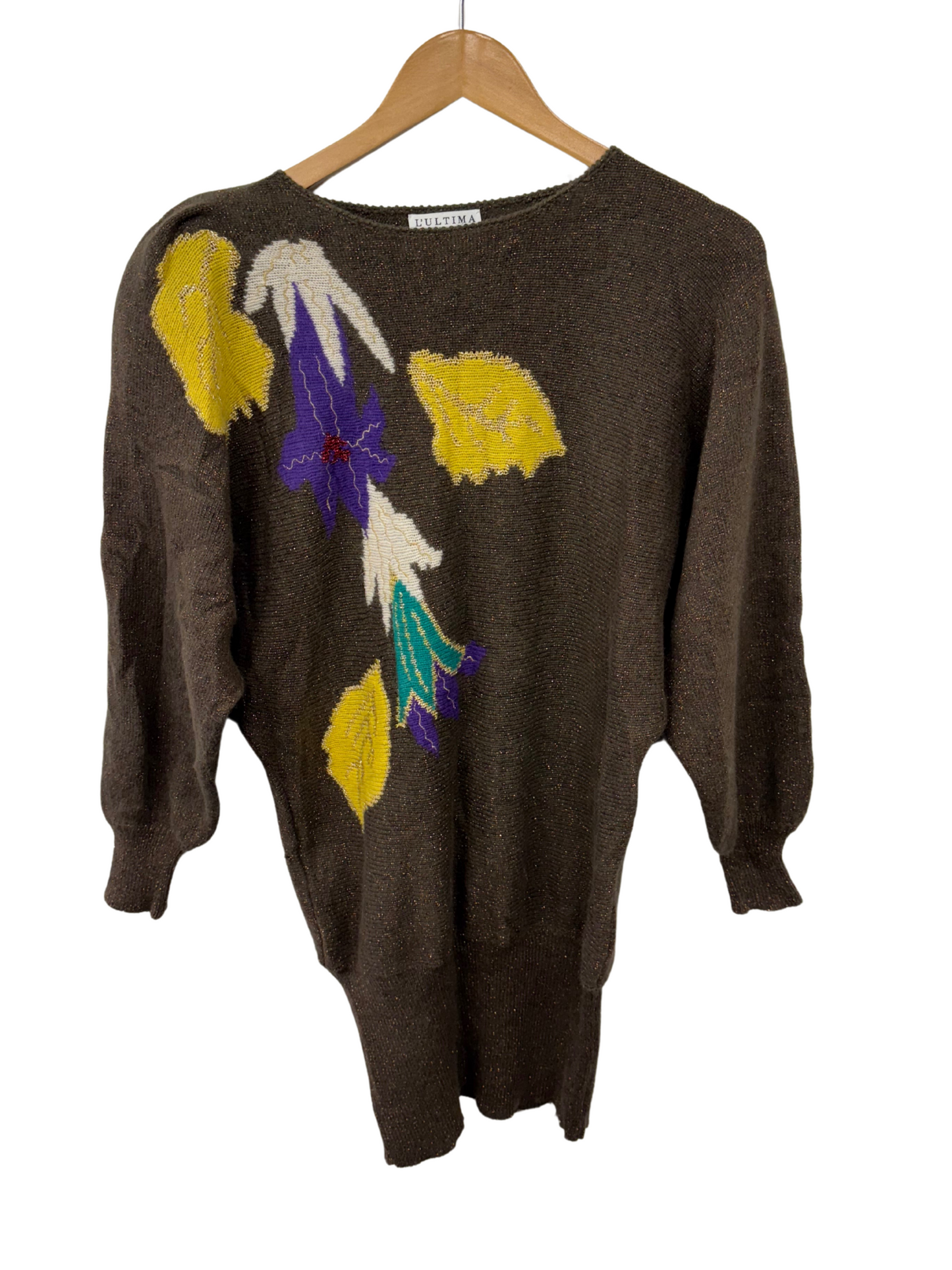Vintage Brown Long Sleeve Jumper with Floral Pattern