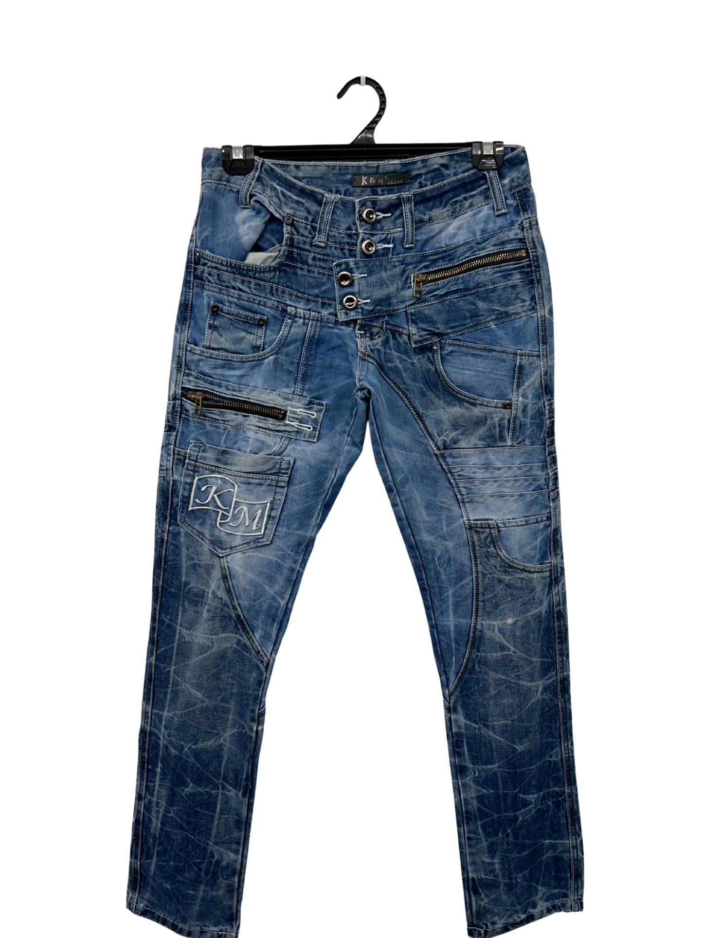 Blue Mid Rise Acid Wash Straight Leg Jeans with Zippers & Pockets