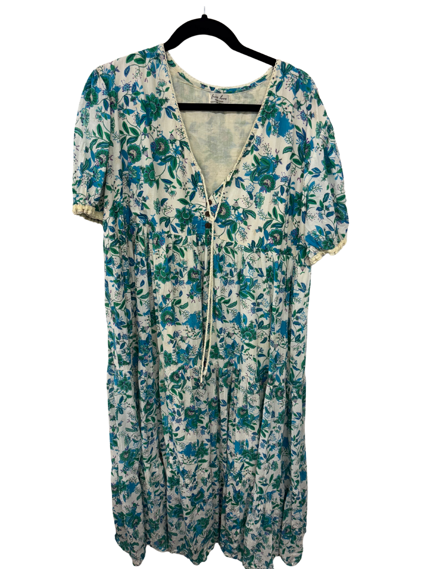 Cream & Blue Floral Print Short Sleeve Tiered Midi Dress