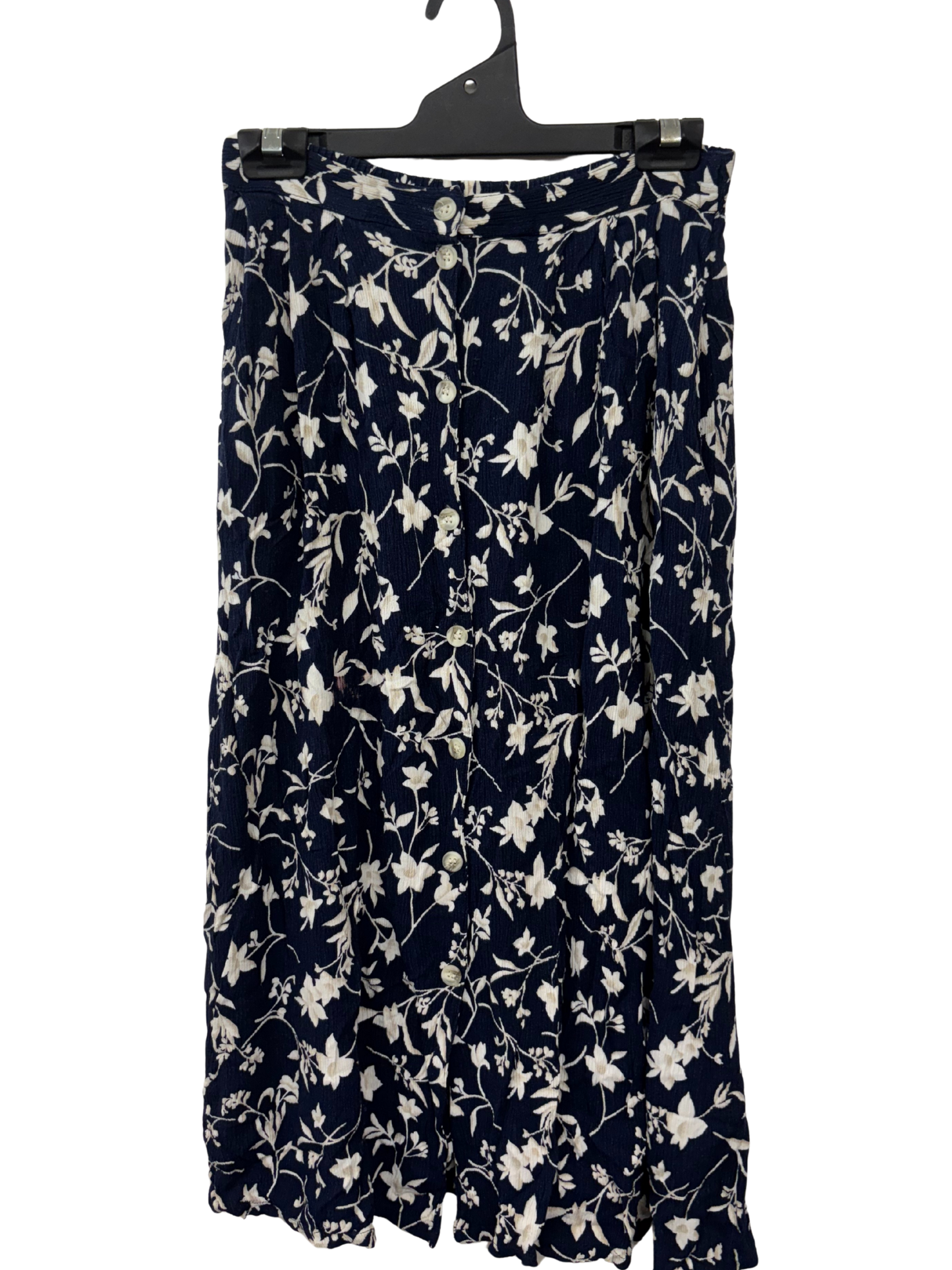 Vintage Navy & White Floral Print High Waisted Midi Skirt
