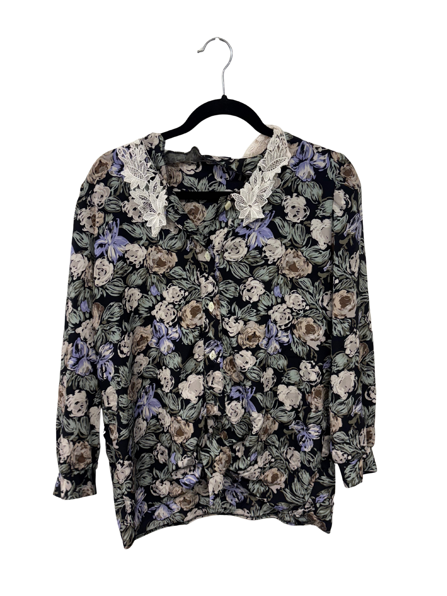 Vintage Black, Pink, Green, Purple Long Sleeve Button Up Top with Lace Collar