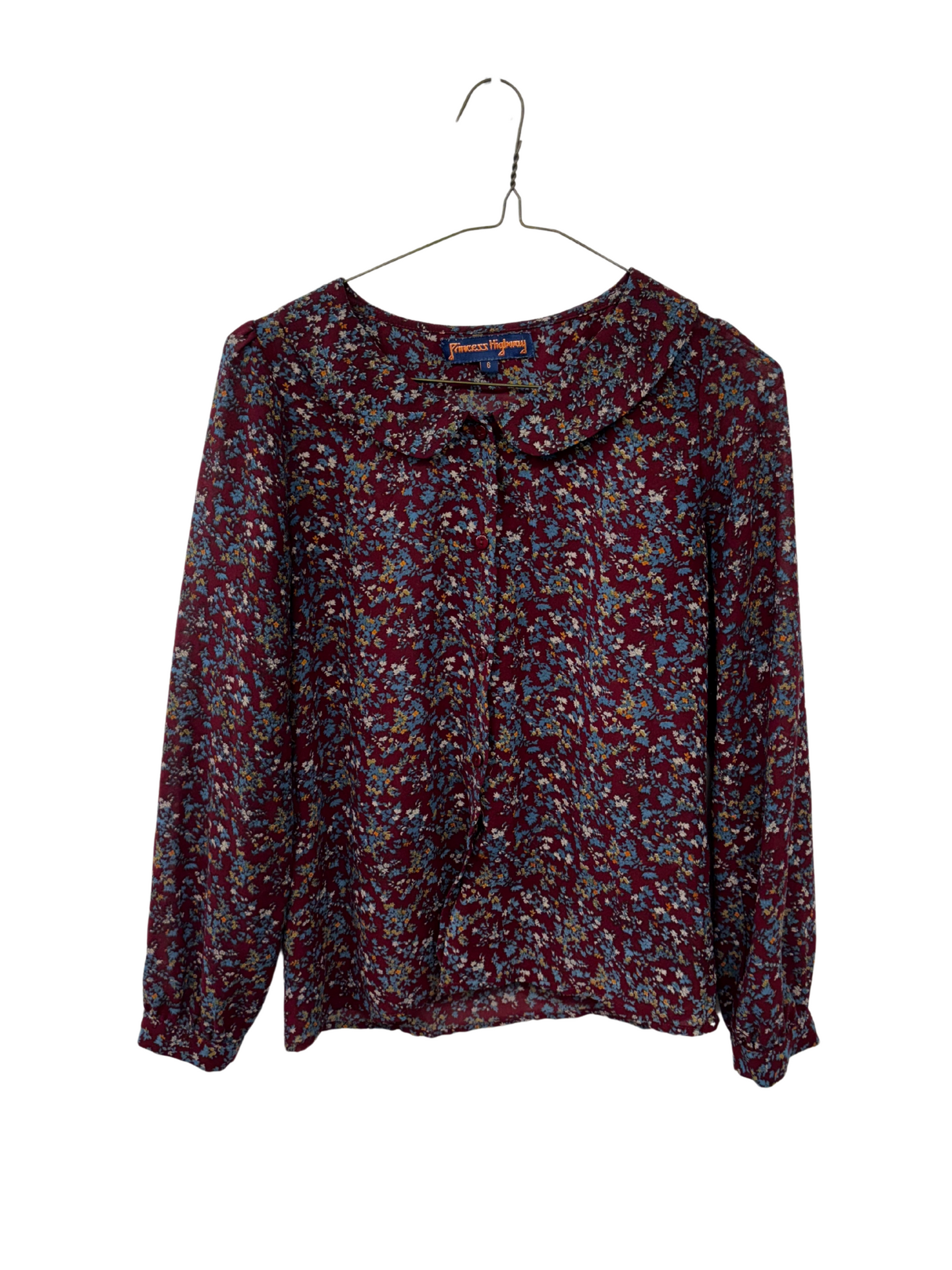 Maroon, Blue, White Floral Print Long Sleeve Button Up Top with Collar