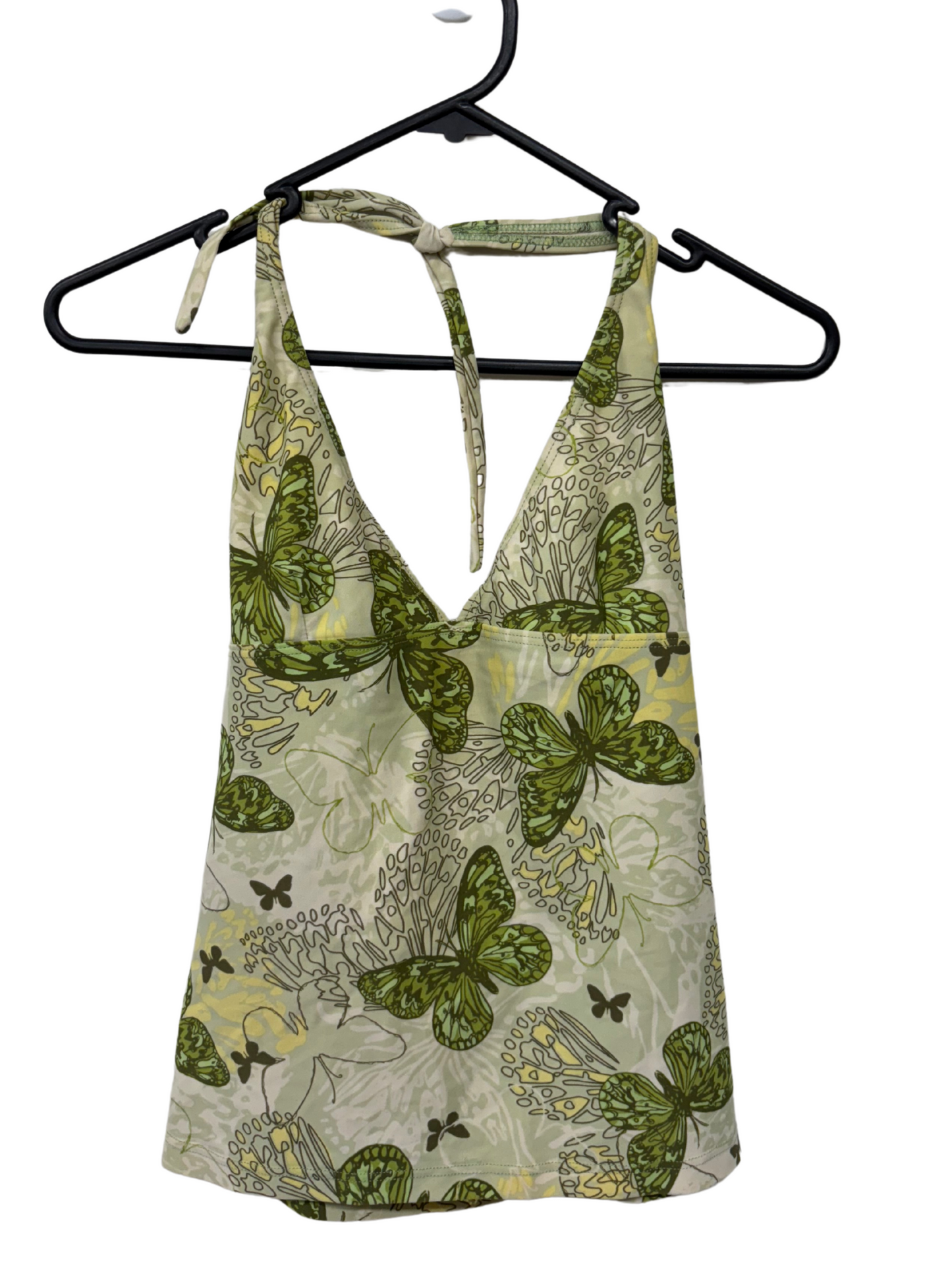 00s Green Halter Neck Swim Top with Butterfly Print