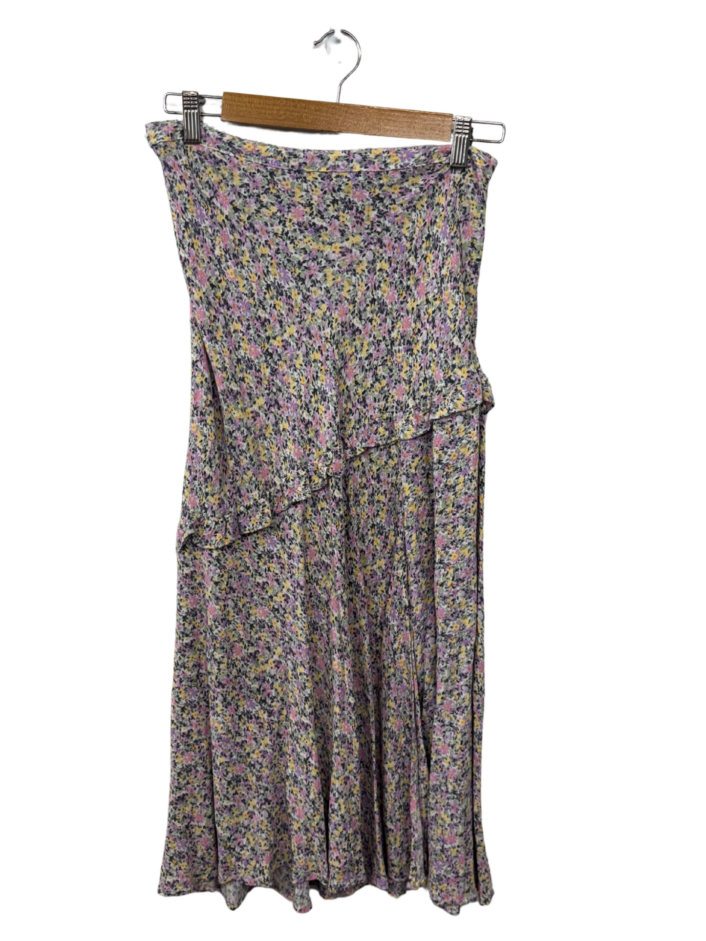 Purple, Black, Yellow Floral Print Midi Skirt with Ruffle