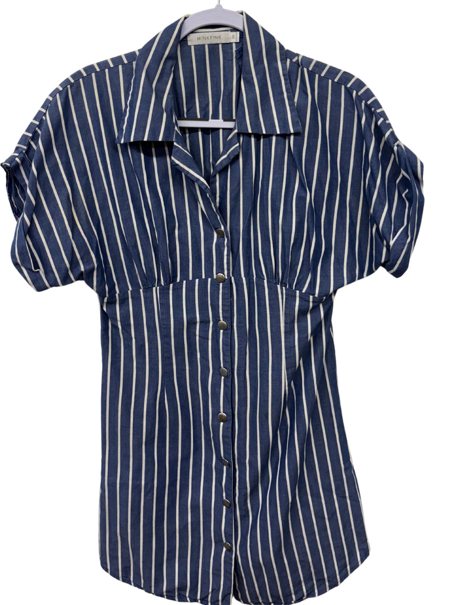 Blue & White Stripe Short Sleeve Dress with Snaps