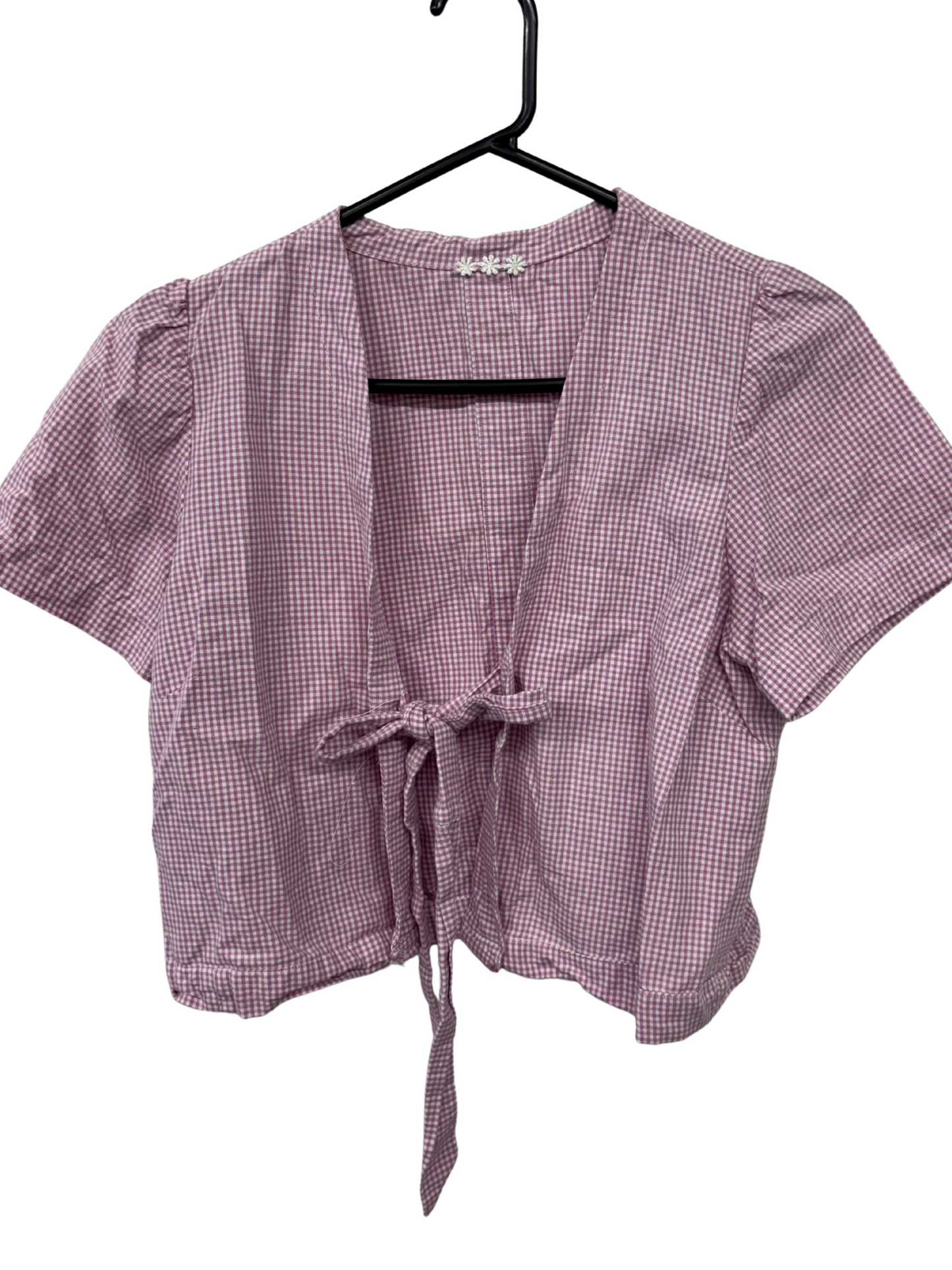 Pink & White Check Short Sleeve Tie Front Top