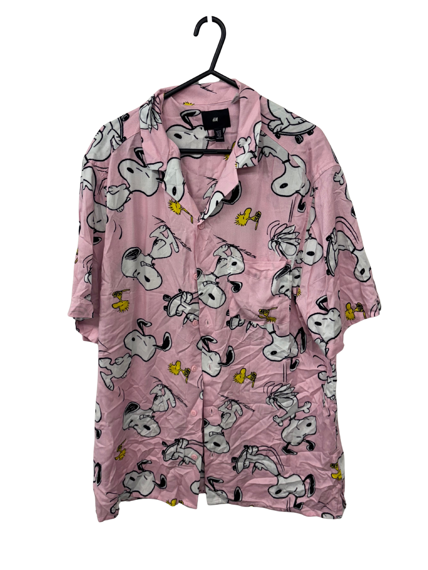 Pink & White Snoopy Print Short Sleeve Button Up Shirt