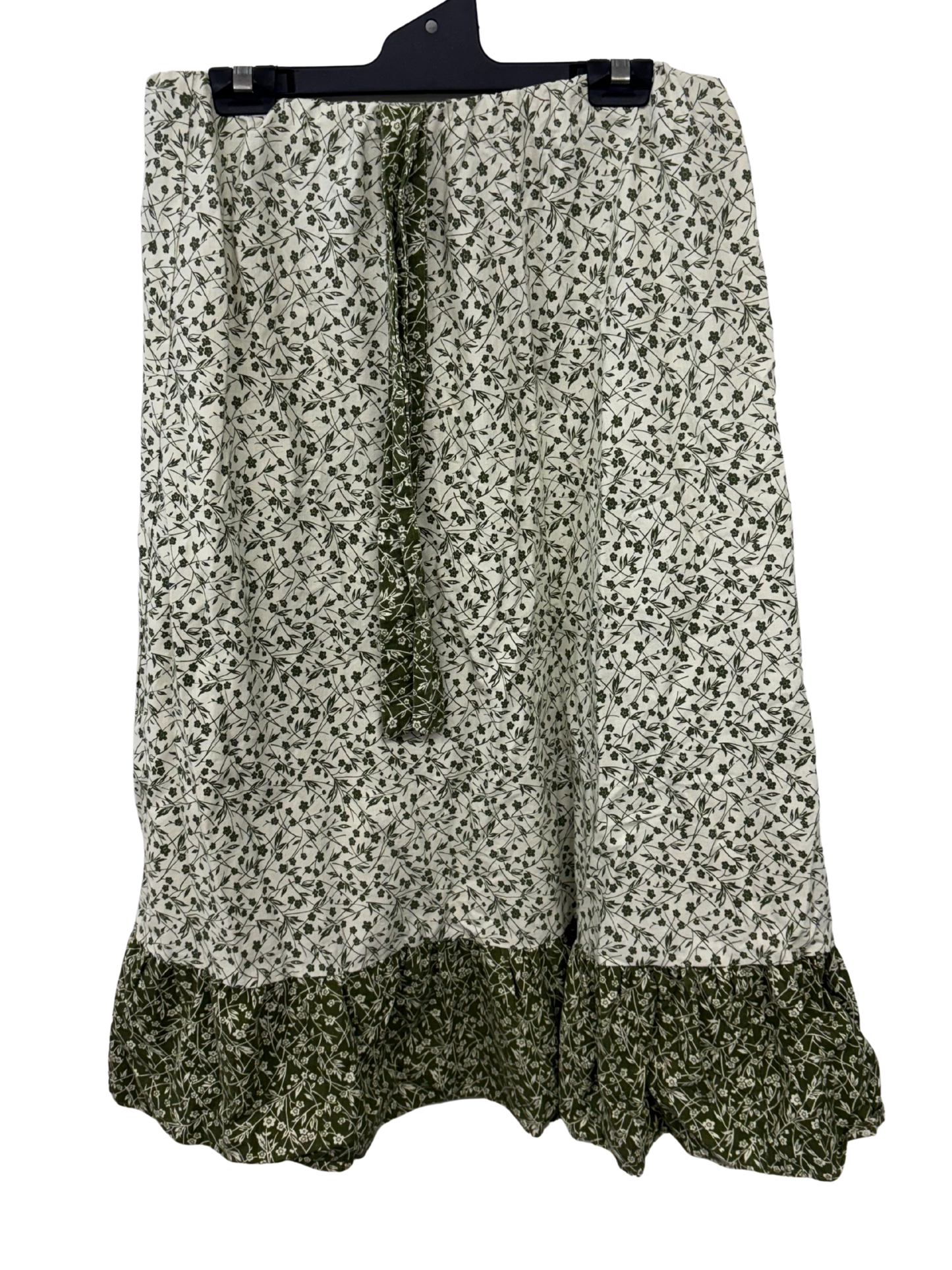 Cream & Green Floral Print Midi Skirt