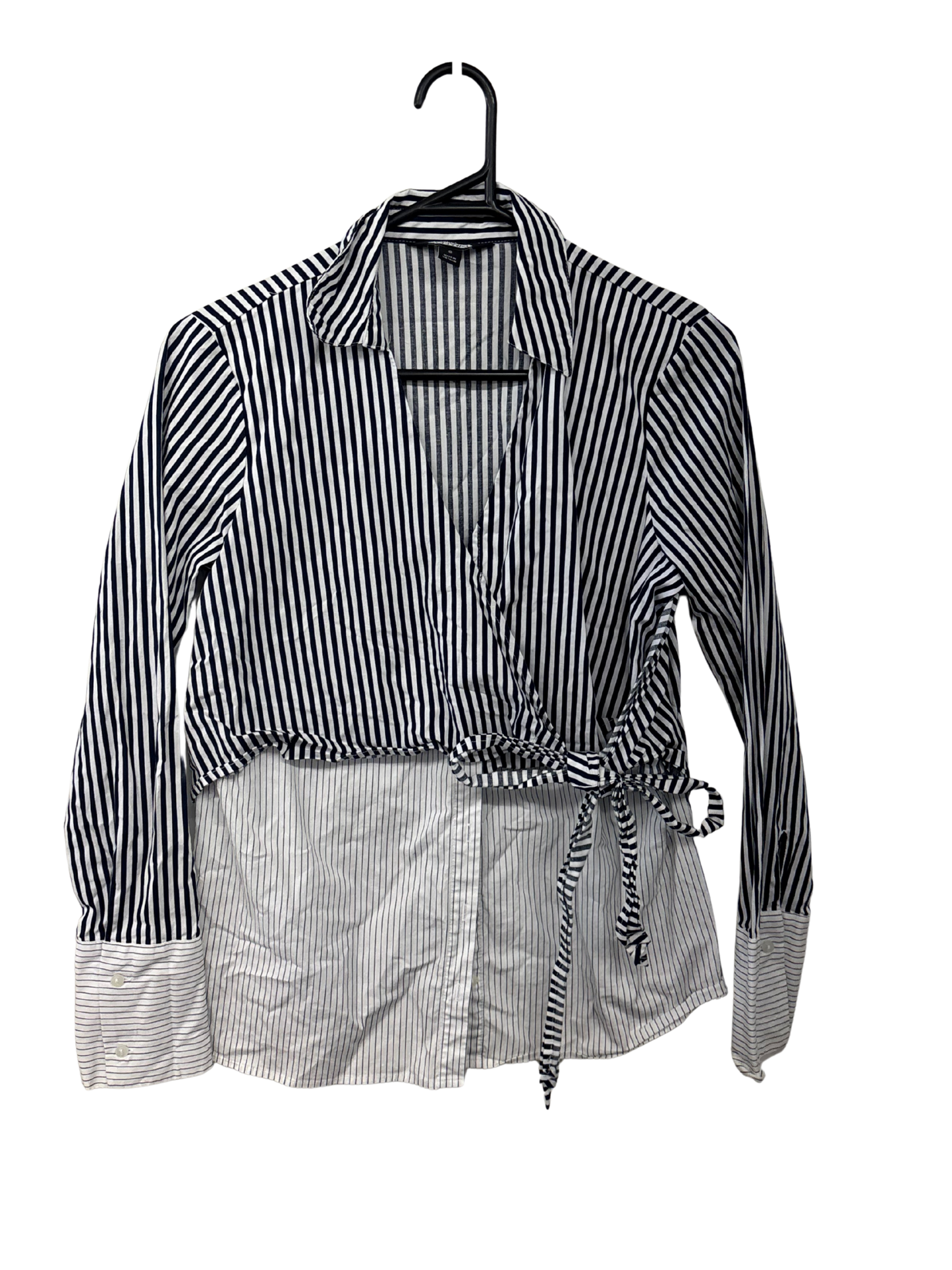 Blue & White Striped Long Sleeve Button Up Shirt with Wrap