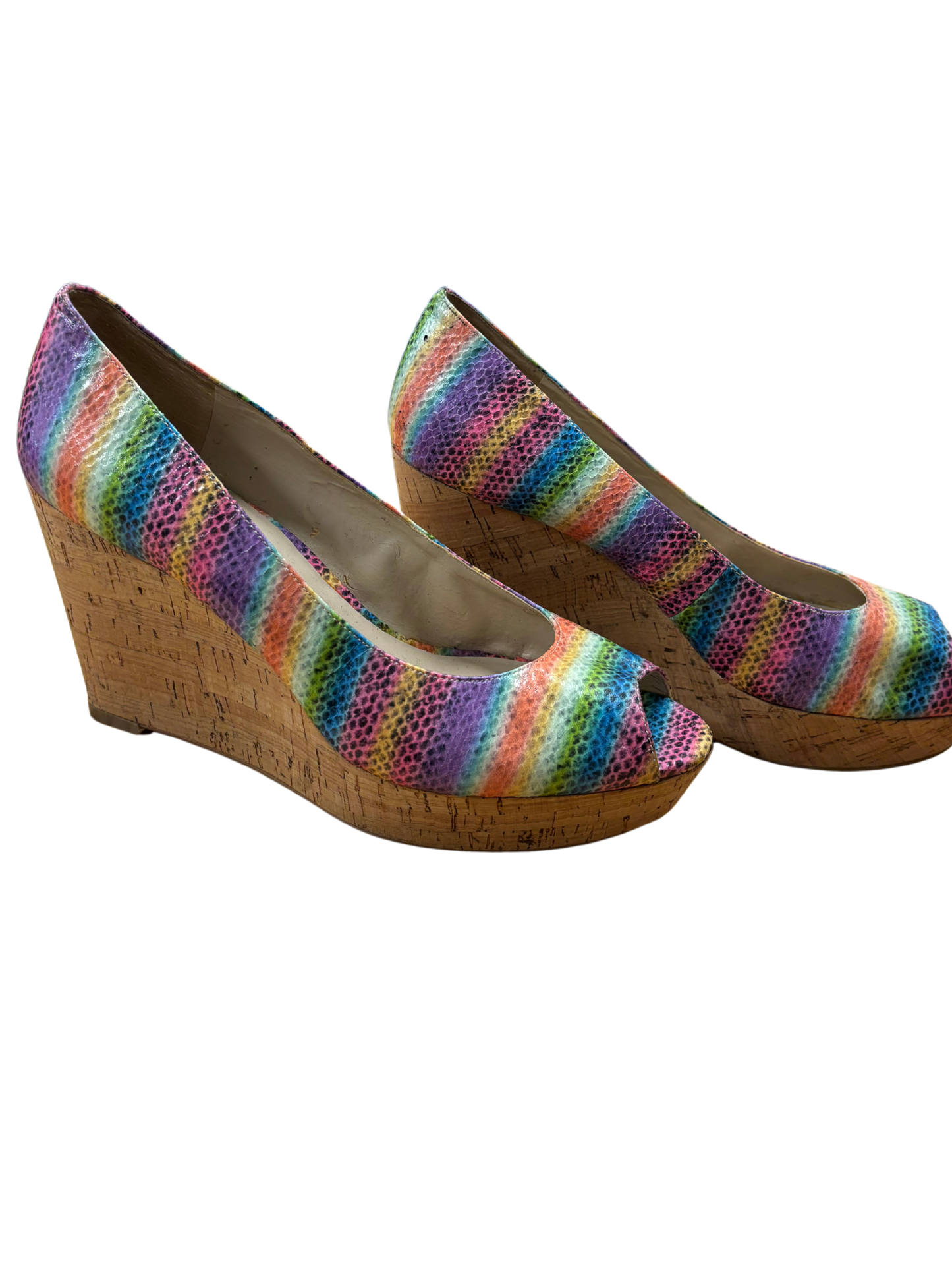 Multicolour Snake Print Cord Wedge Heel Shoe with Open Toe