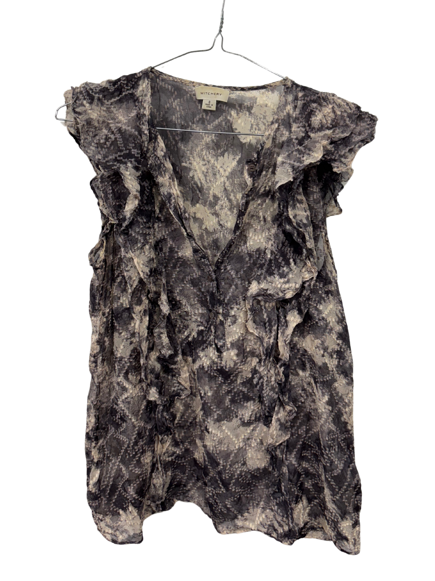 Grey & Cream Semi Sheer Ruffle Sleeve Top with Buttons