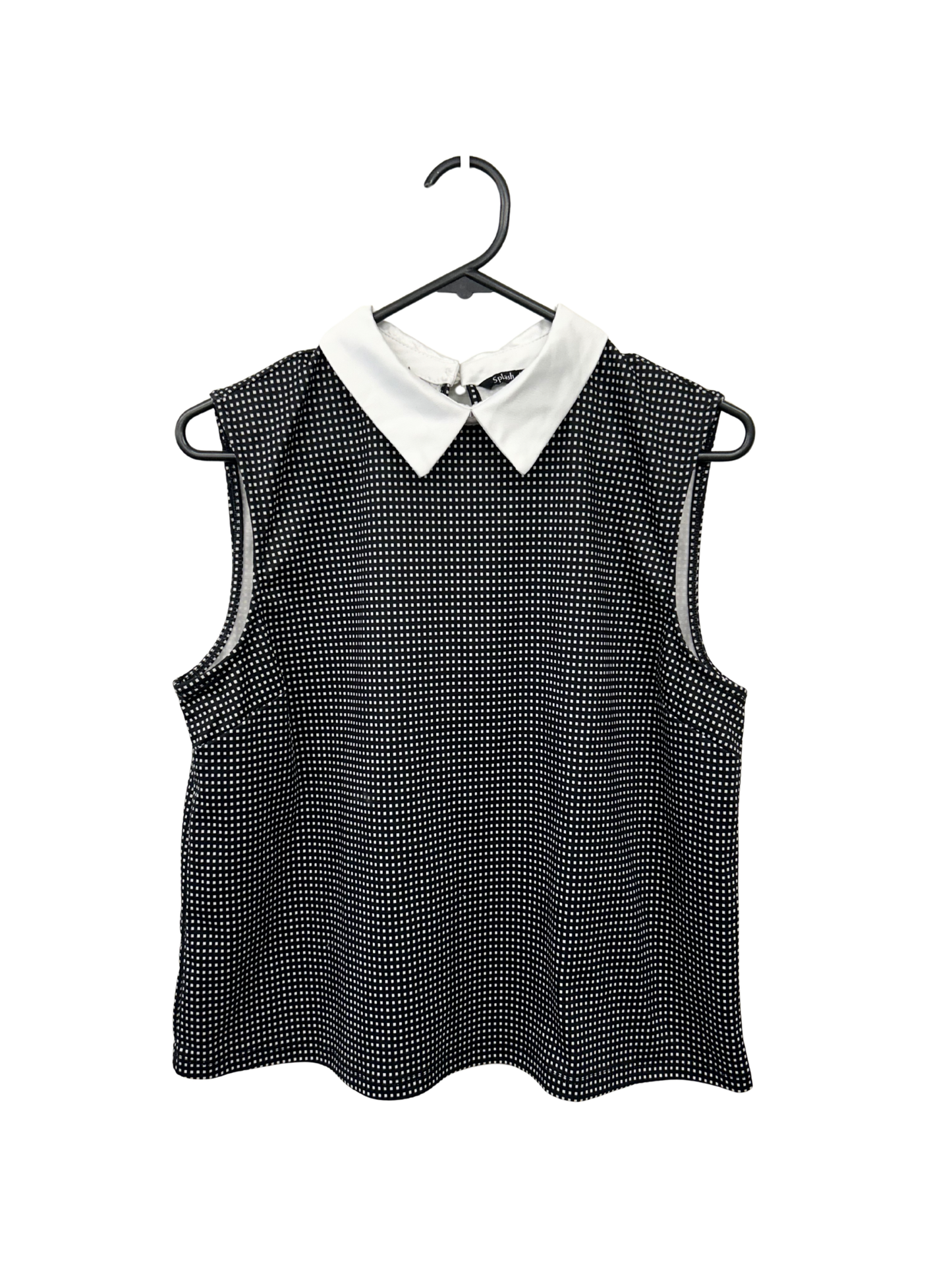 Black Sleeveless Square-patterned Tank with White Collar