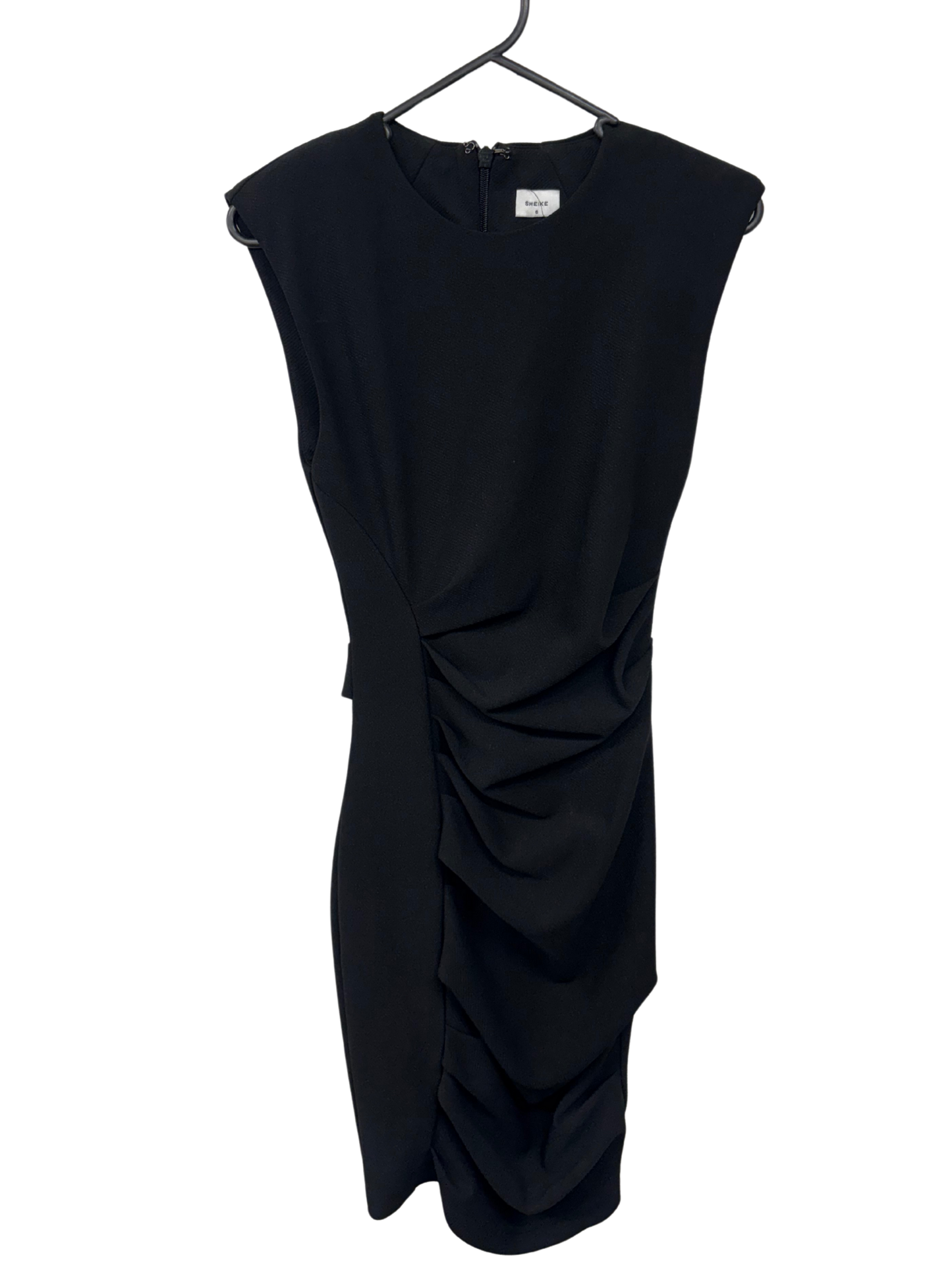 Black Sleeveless Ruched Knee Length Dress with Shoulder Pads